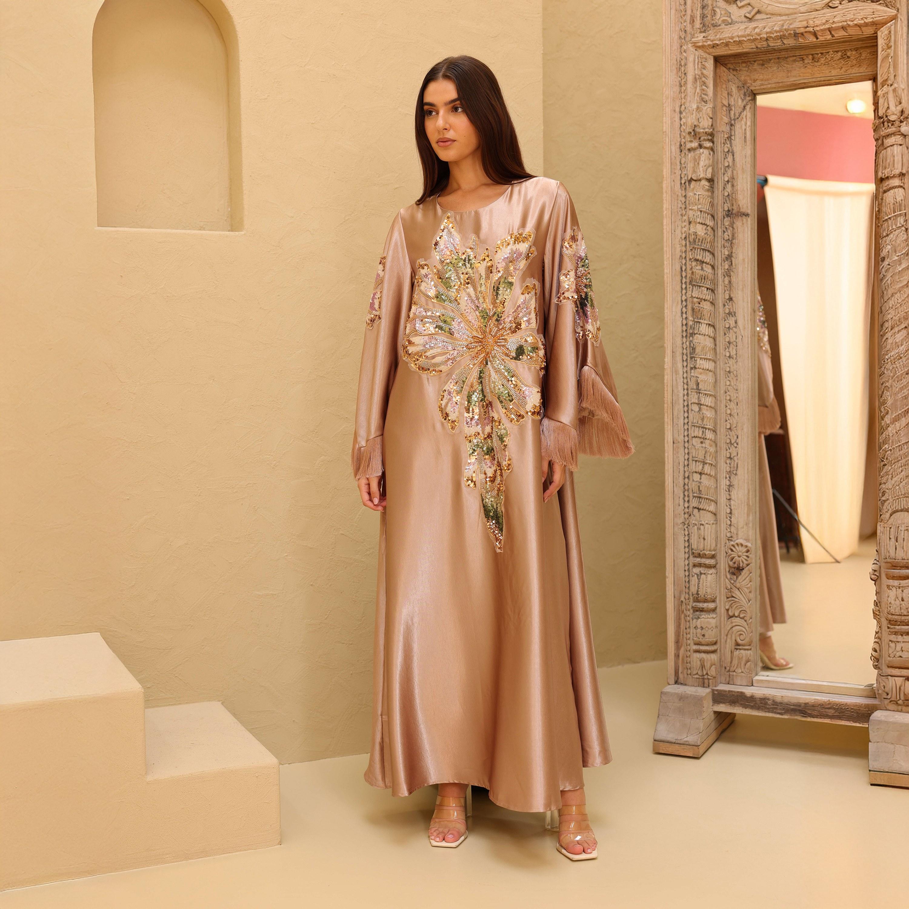 IKKXA Beaded & Sequined Flower Fringed Flared Sleeves Satin Sheen Women's Evening Jalabiya-women-arabicclothing-jalabiyas-image-10