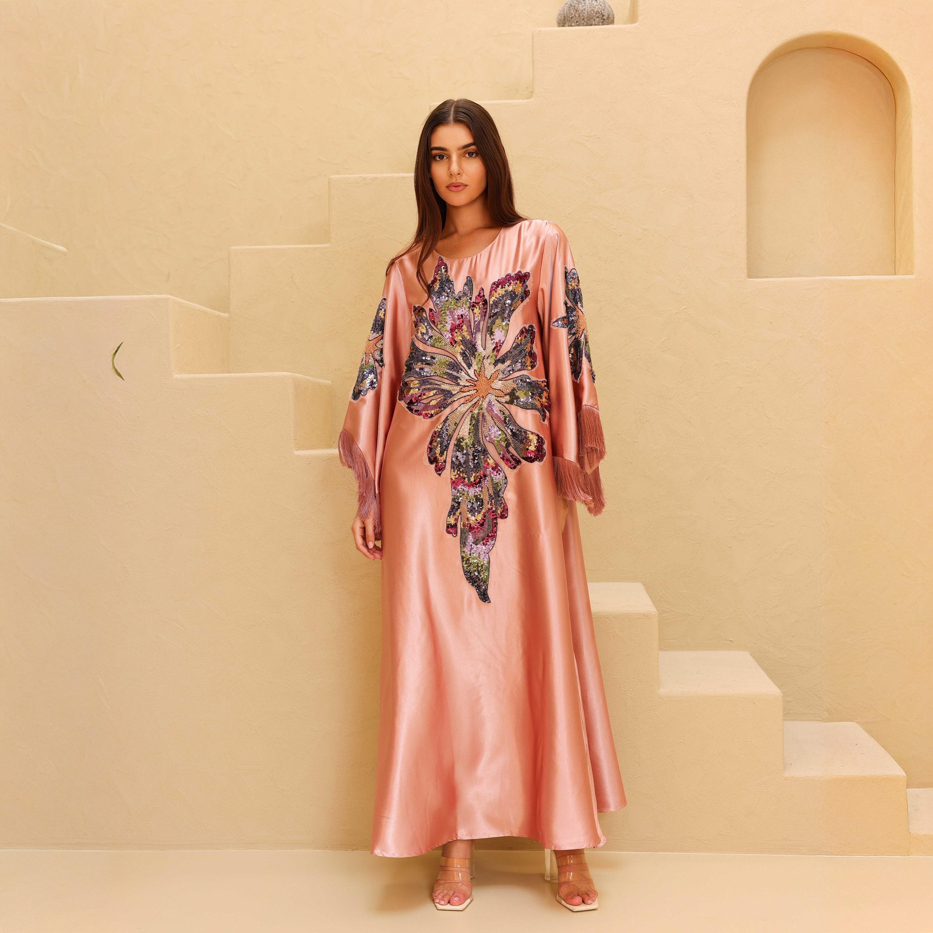 IKKXA Beaded & Sequined Flower Fringed Flared Sleeves Satin Sheen Women's Evening Jalabiya-women-arabicclothing-jalabiyas-image-11