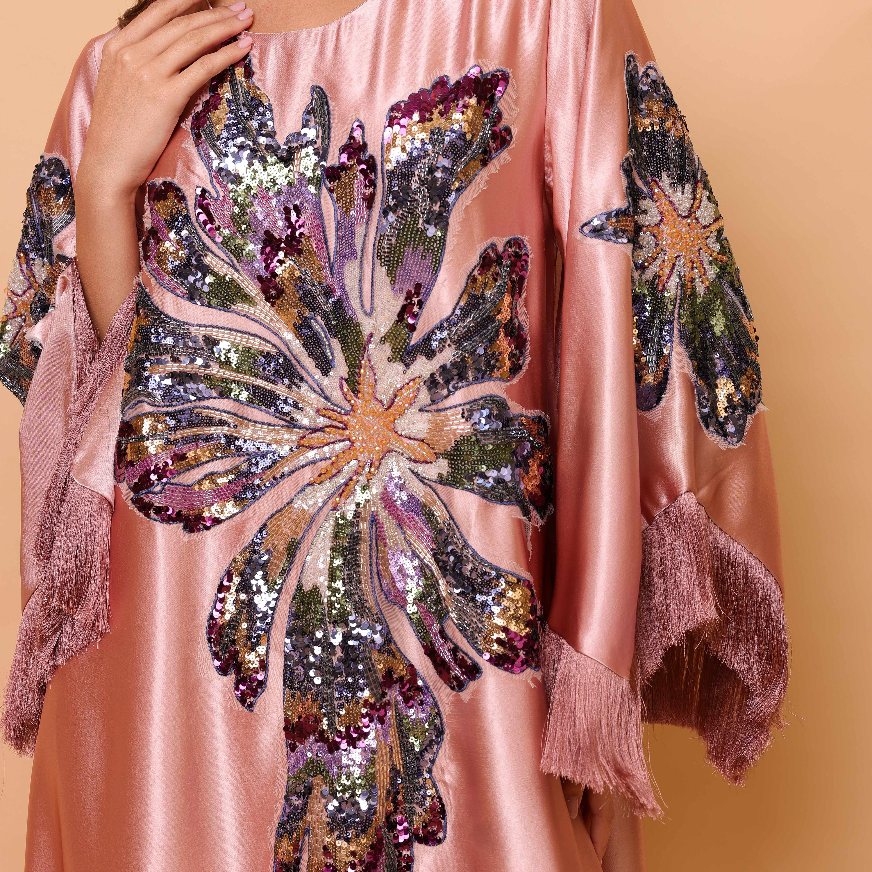 IKKXA Beaded & Sequined Flower Fringed Flared Sleeves Satin Sheen Women's Evening Jalabiya-women-arabicclothing-jalabiyas-image-12