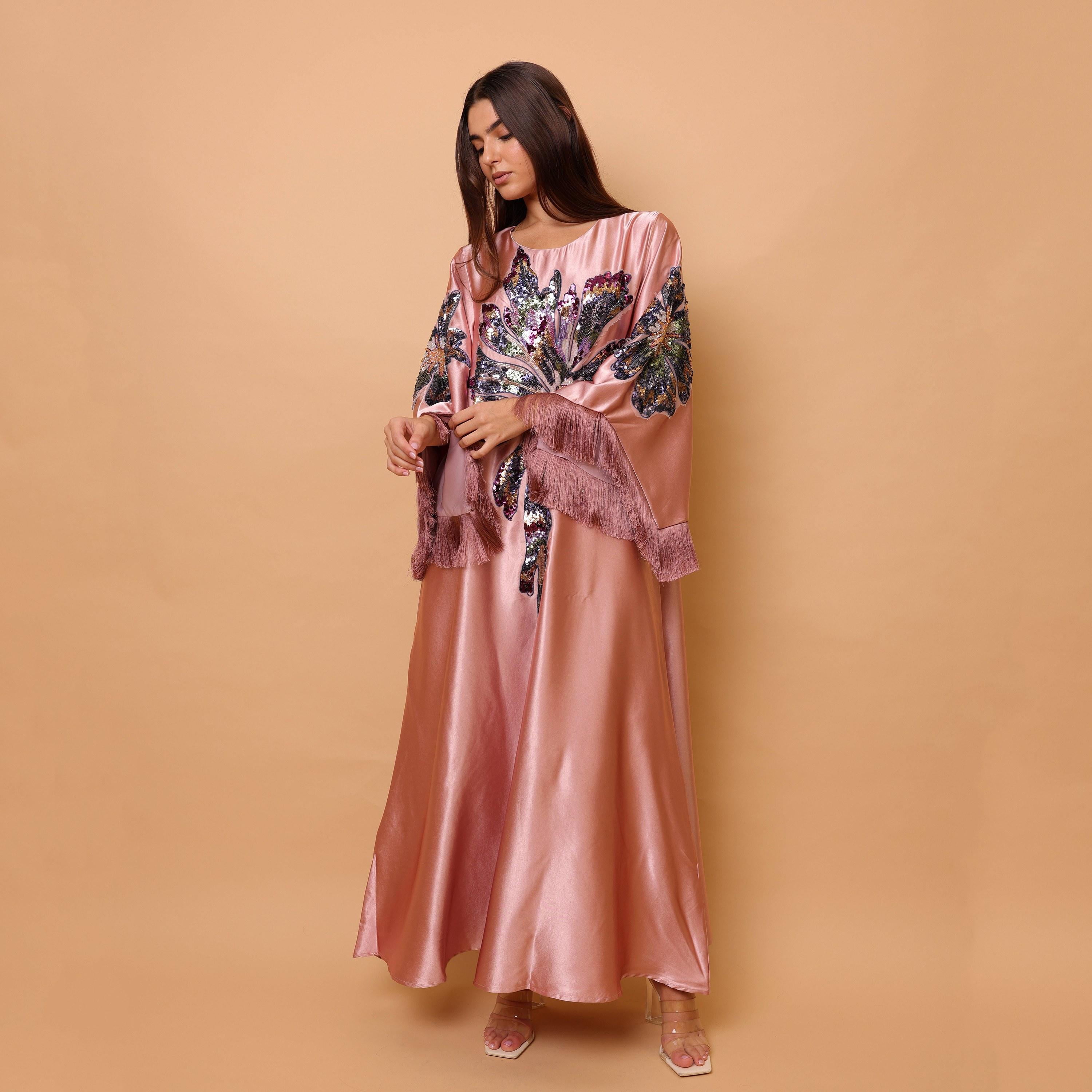 IKKXA Beaded & Sequined Flower Fringed Flared Sleeves Satin Sheen Women's Evening Jalabiya-women-arabicclothing-jalabiyas-image-13