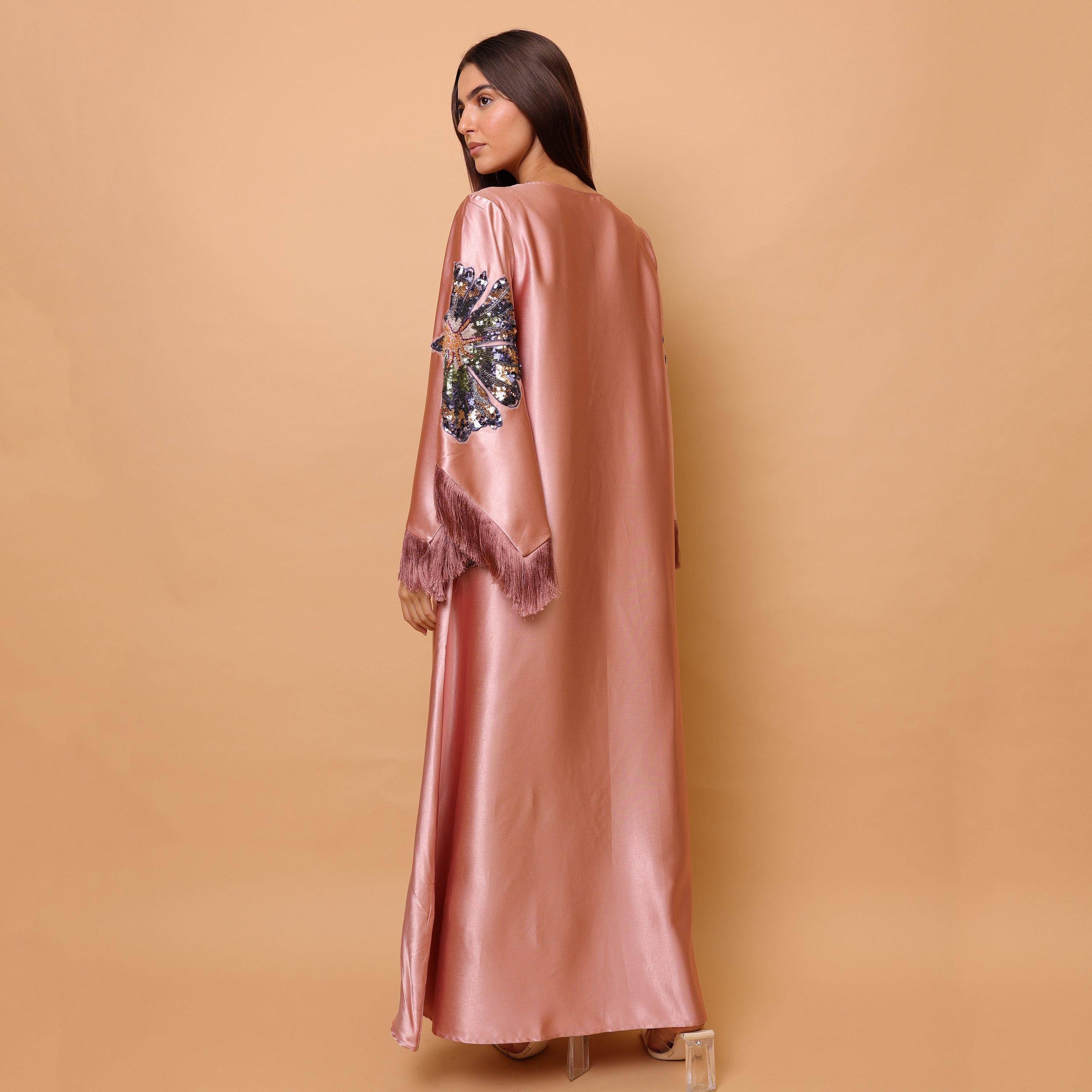 IKKXA Beaded & Sequined Flower Fringed Flared Sleeves Satin Sheen Women's Evening Jalabiya-women-arabicclothing-jalabiyas-image-14