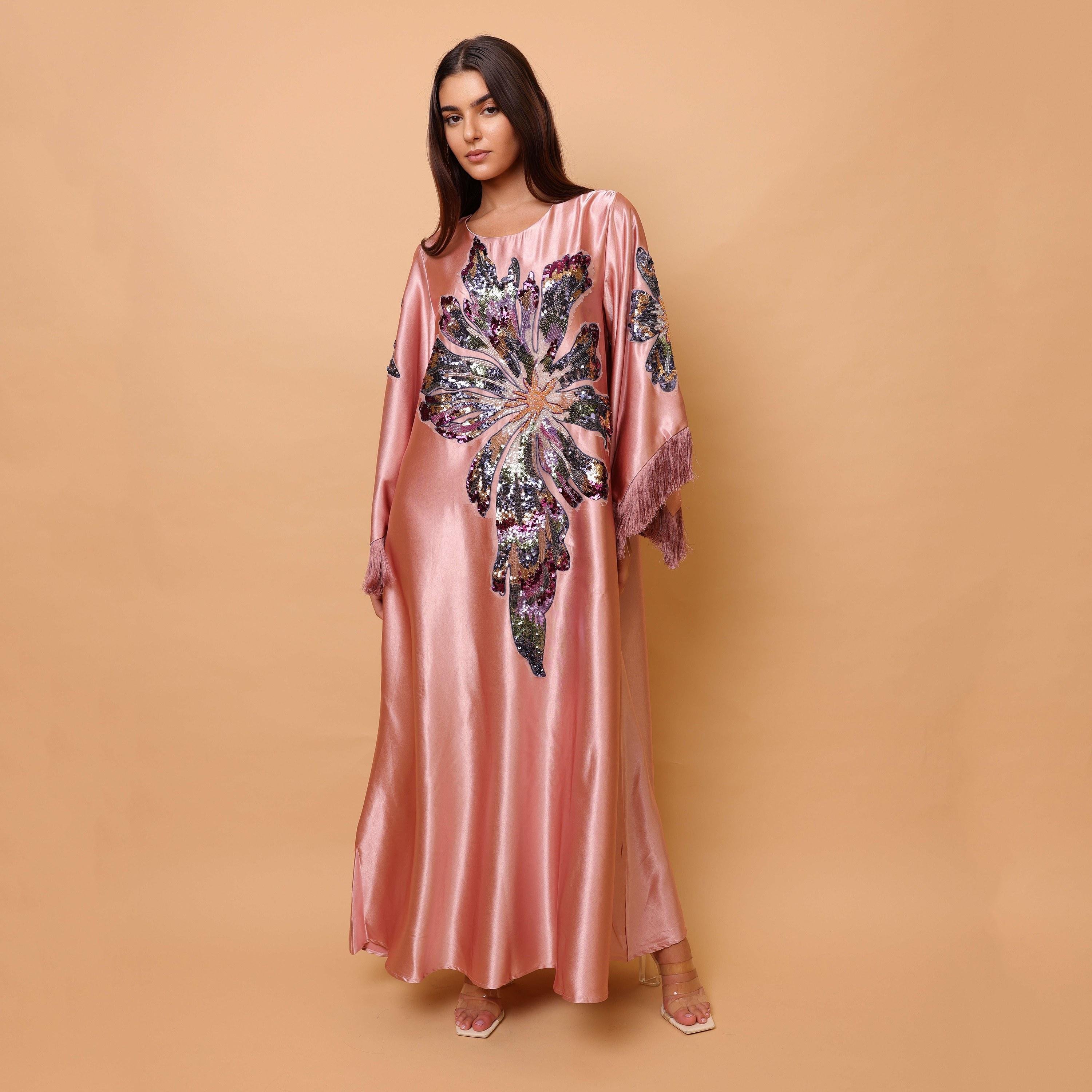 IKKXA Beaded & Sequined Flower Fringed Flared Sleeves Satin Sheen Women's Evening Jalabiya-women-arabicclothing-jalabiyas-image-15