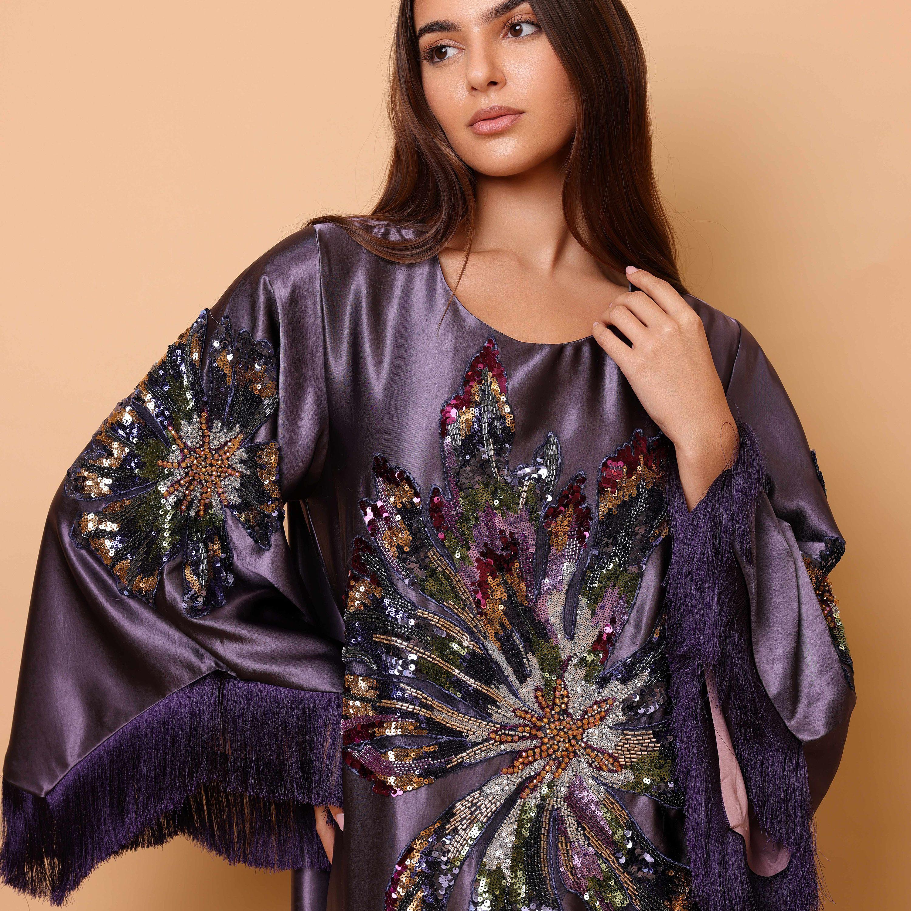 IKKXA Beaded & Sequined Flower Fringed Flared Sleeves Satin Sheen Women's Evening Jalabiya-women-arabicclothing-jalabiyas-image-2