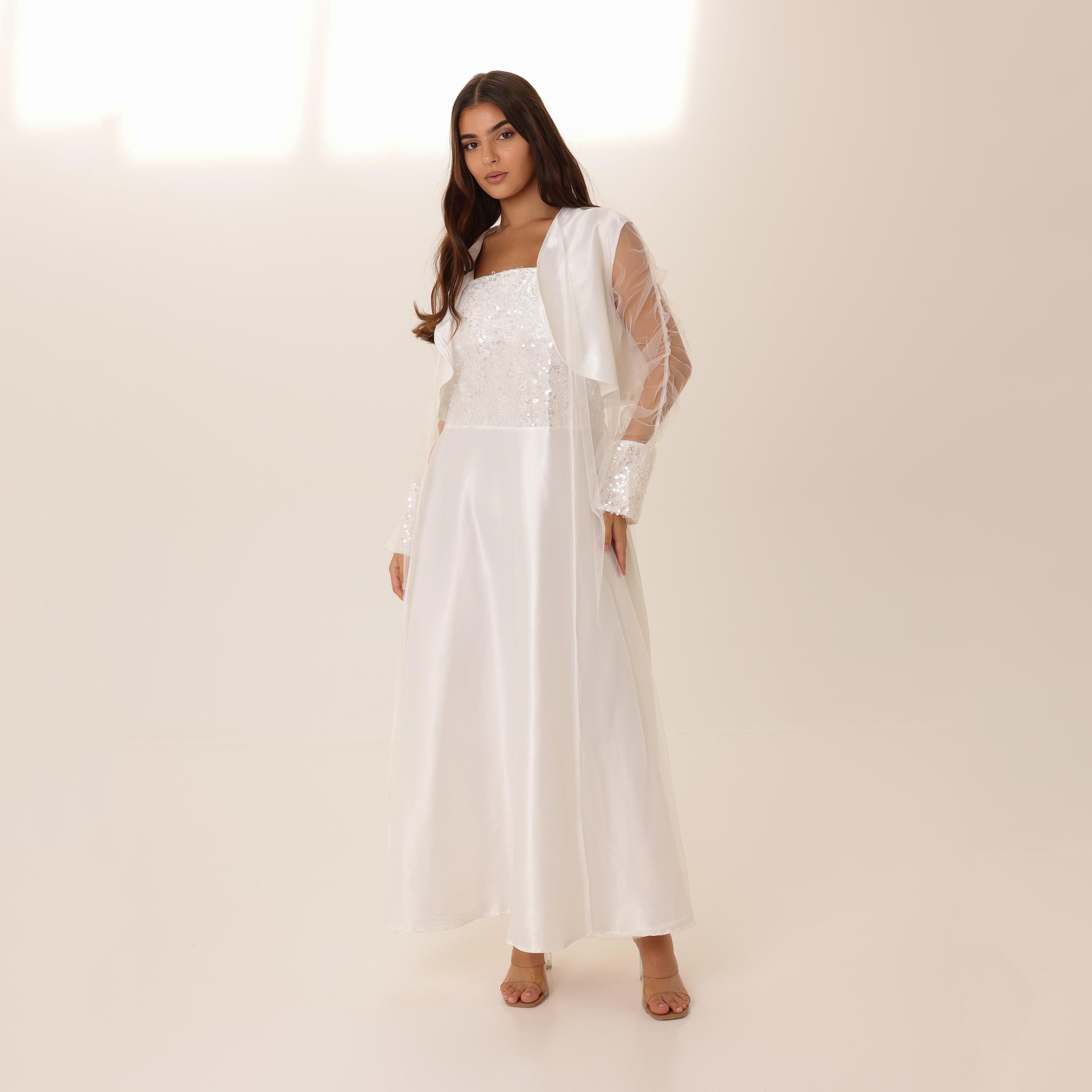 IKKXA Sequined Shoulder Straps Sheer Sleeves Women's Evening Flared Jalabiya with Overlay-women-arabicclothing-jalabiyas-image-3