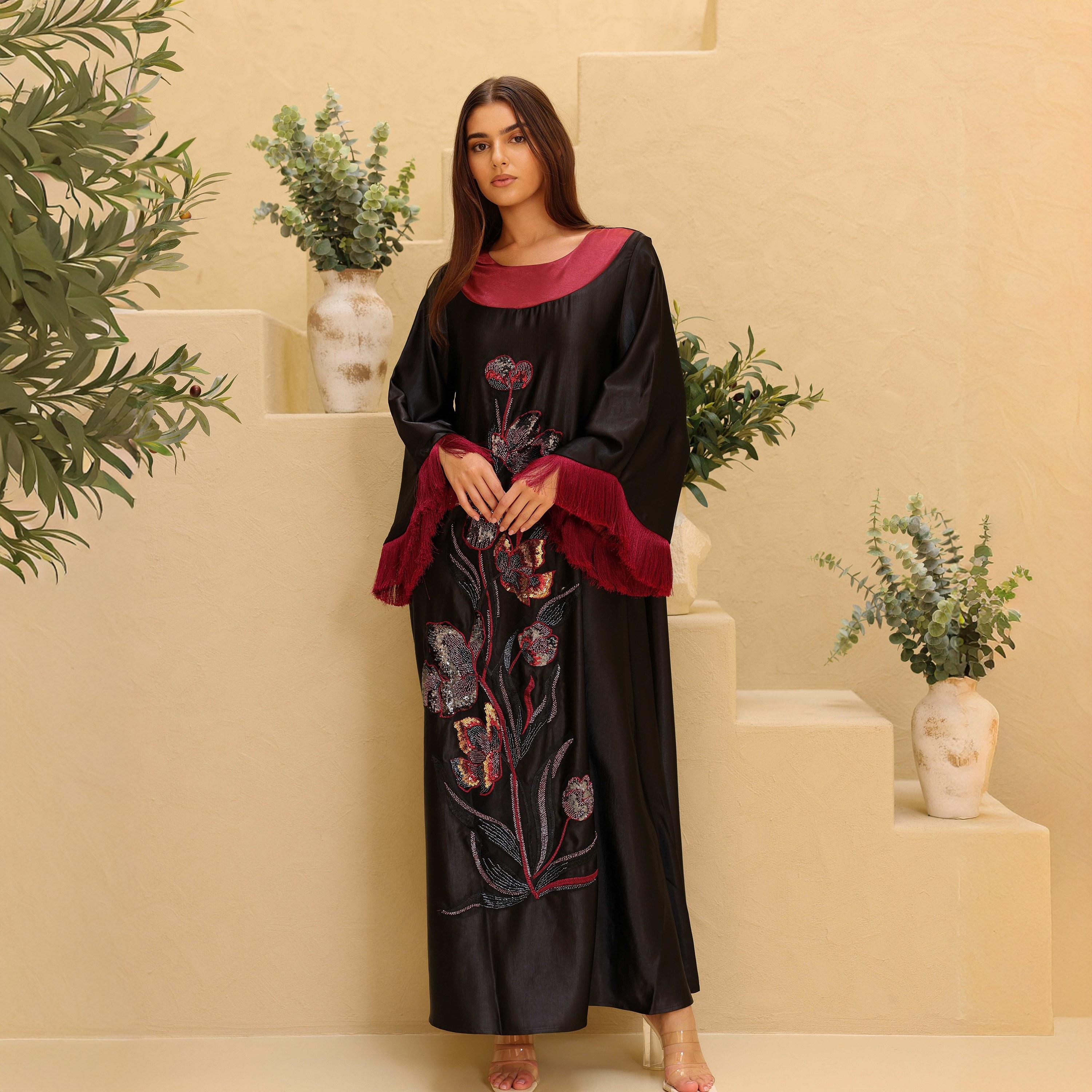 IKKXA Beaded & Sequined Flower Fringed Flared Sleeves Satin Sheen Women's Evening Jalabiya-women-clothing-dresses-image-1