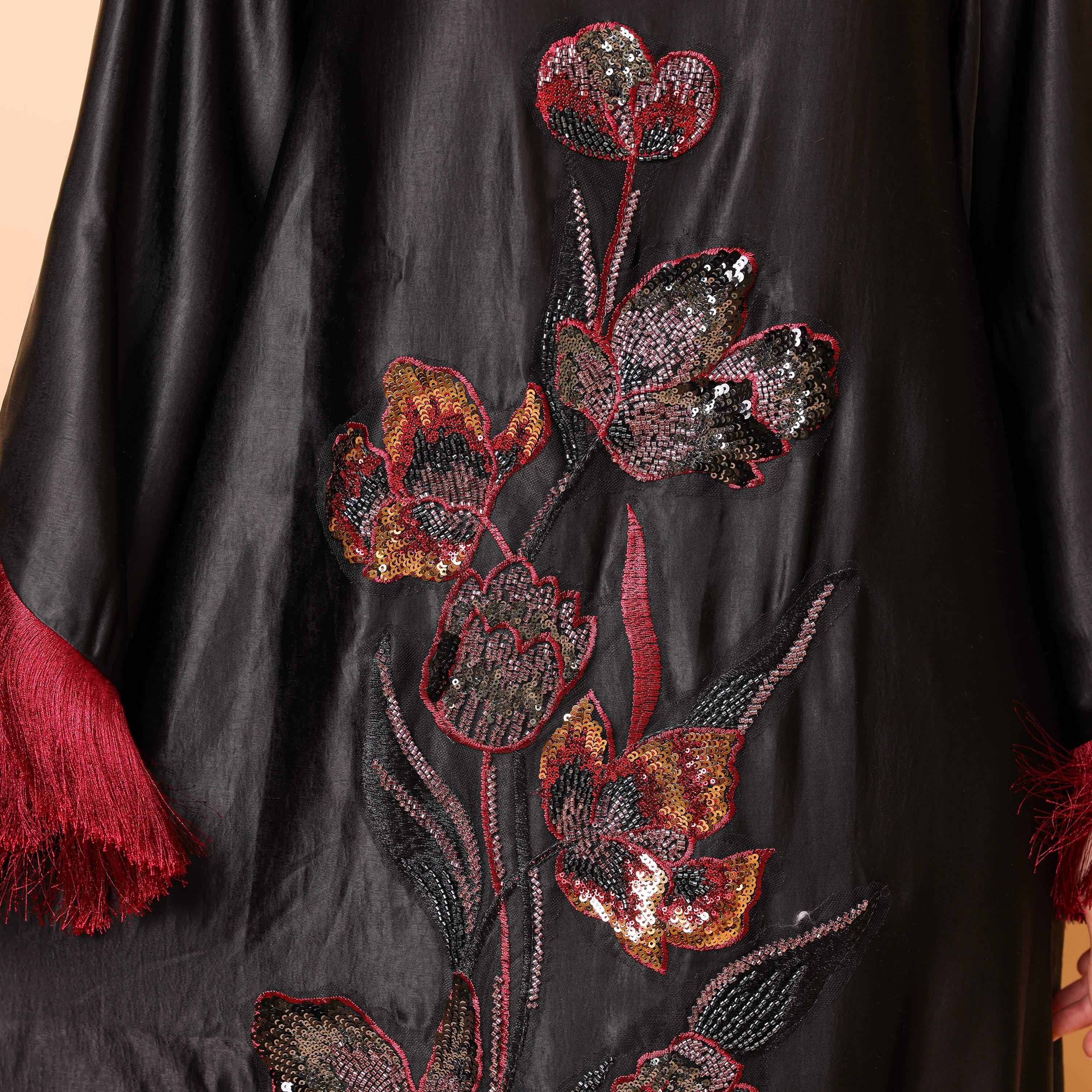 IKKXA Beaded & Sequined Flower Fringed Flared Sleeves Satin Sheen Women's Evening Jalabiya-women-clothing-dresses-image-2