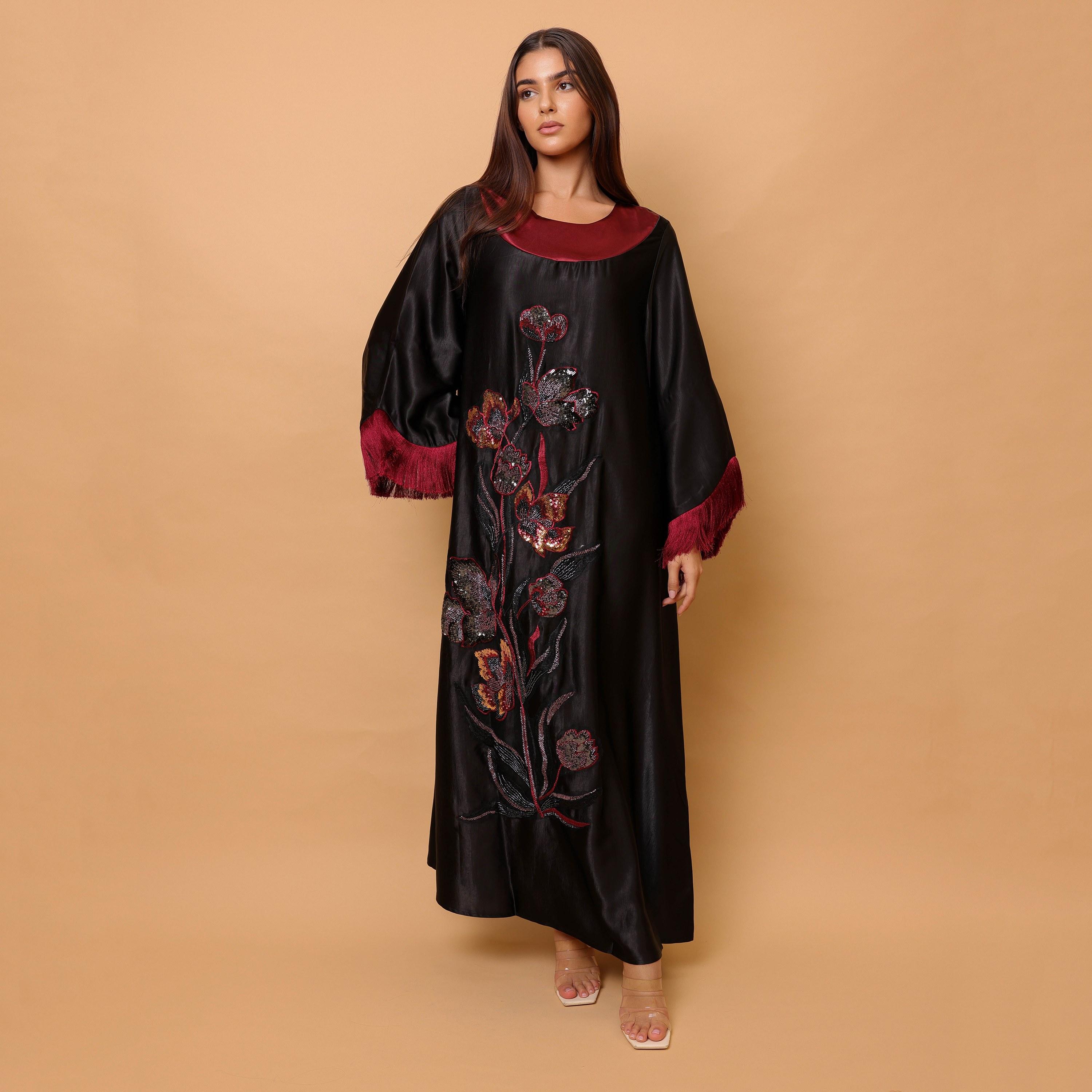 IKKXA Beaded & Sequined Flower Fringed Flared Sleeves Satin Sheen Women's Evening Jalabiya-women-clothing-dresses-image-3