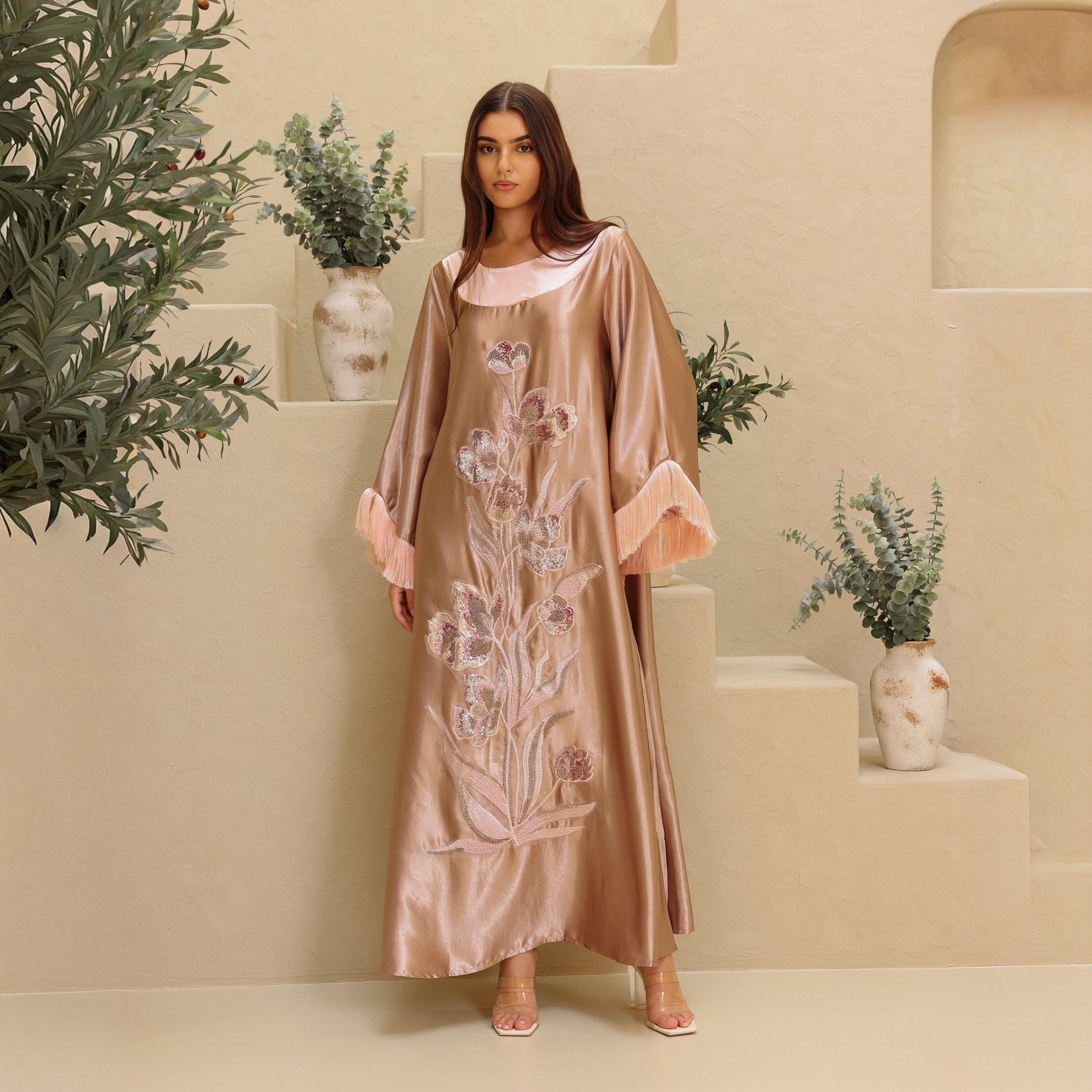 IKKXA Beaded & Sequined Flower Fringed Flared Sleeves Satin Sheen Women's Evening Jalabiya-women-clothing-dresses-image-6