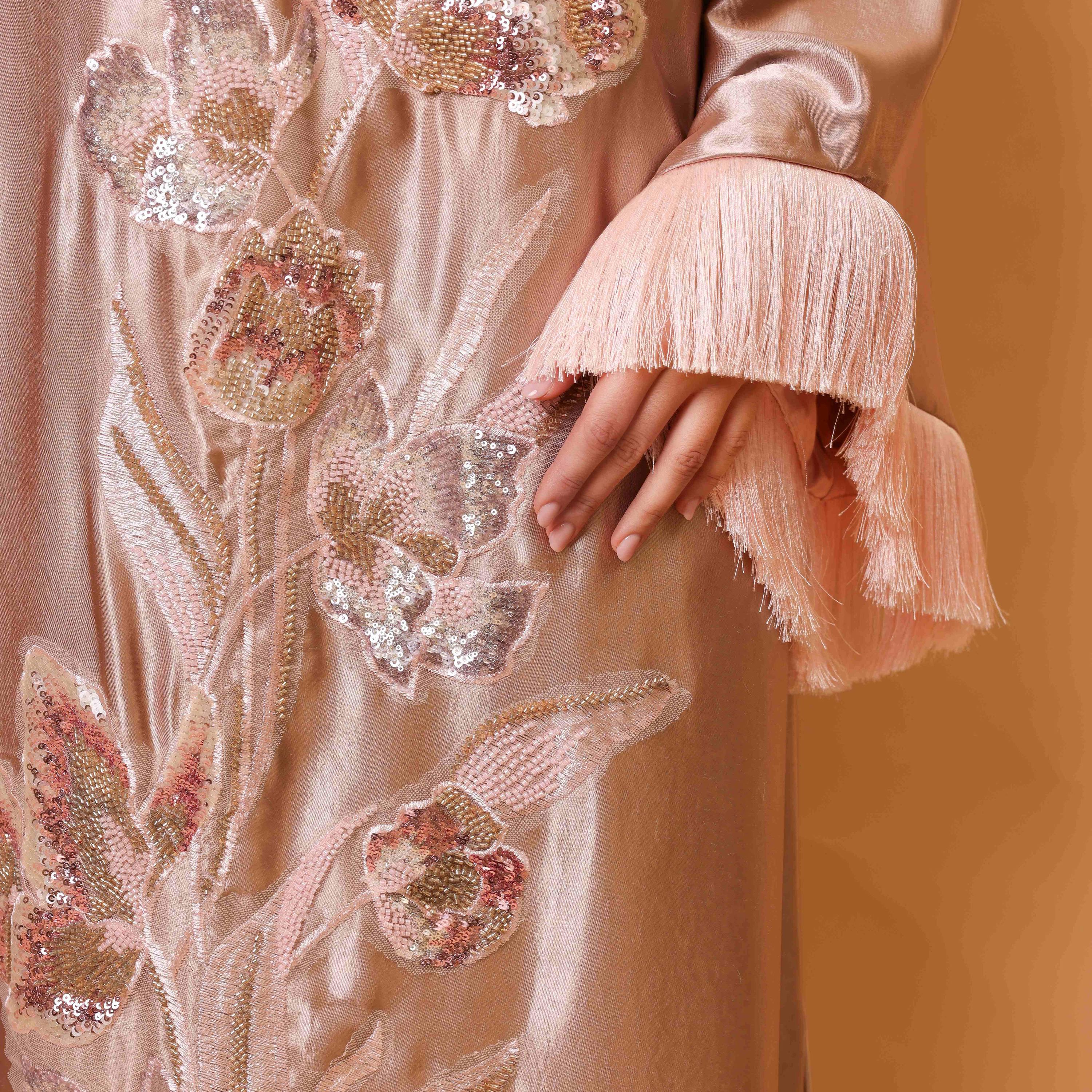 IKKXA Beaded & Sequined Flower Fringed Flared Sleeves Satin Sheen Women's Evening Jalabiya-women-clothing-dresses-image-7