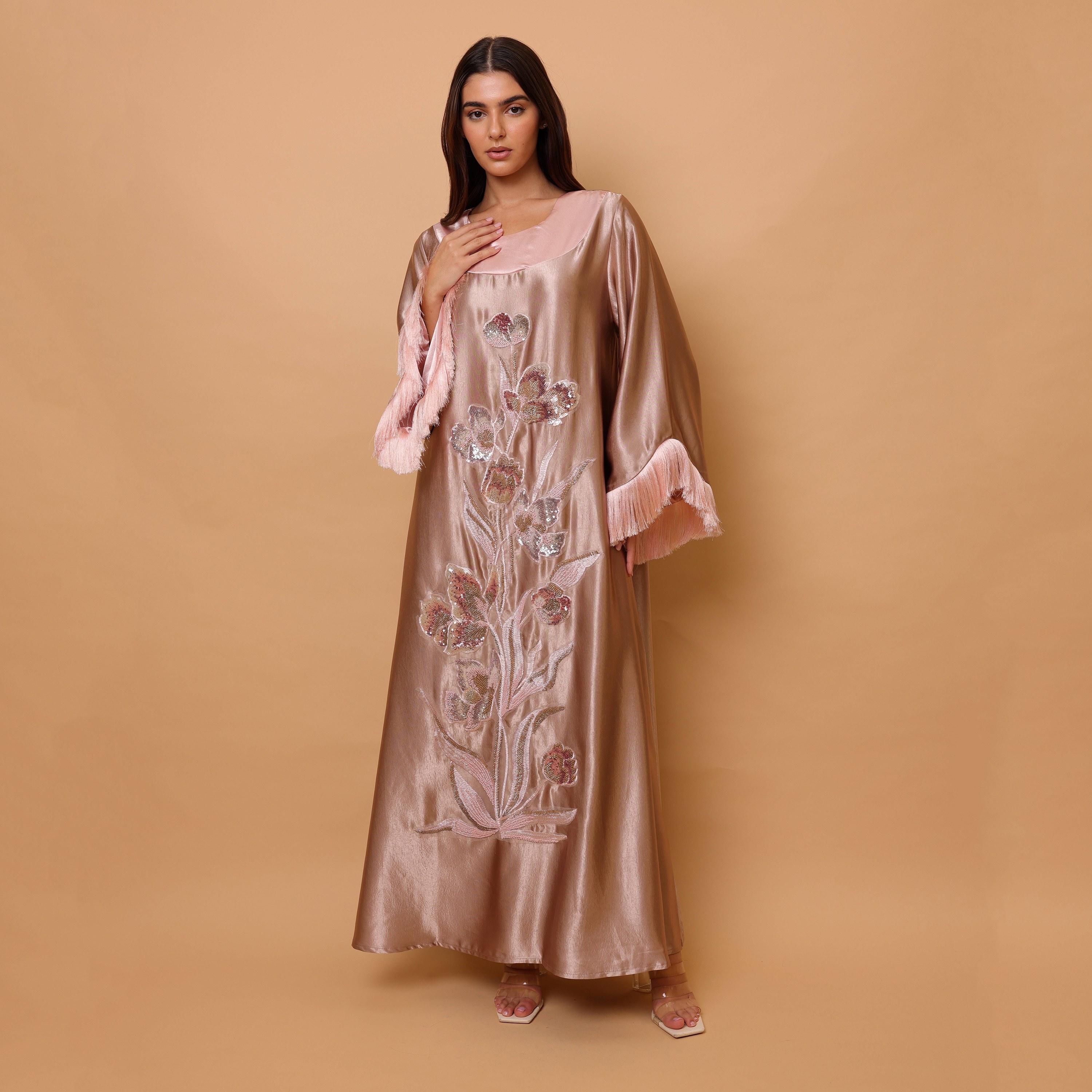 IKKXA Beaded & Sequined Flower Fringed Flared Sleeves Satin Sheen Women's Evening Jalabiya-women-clothing-dresses-image-8