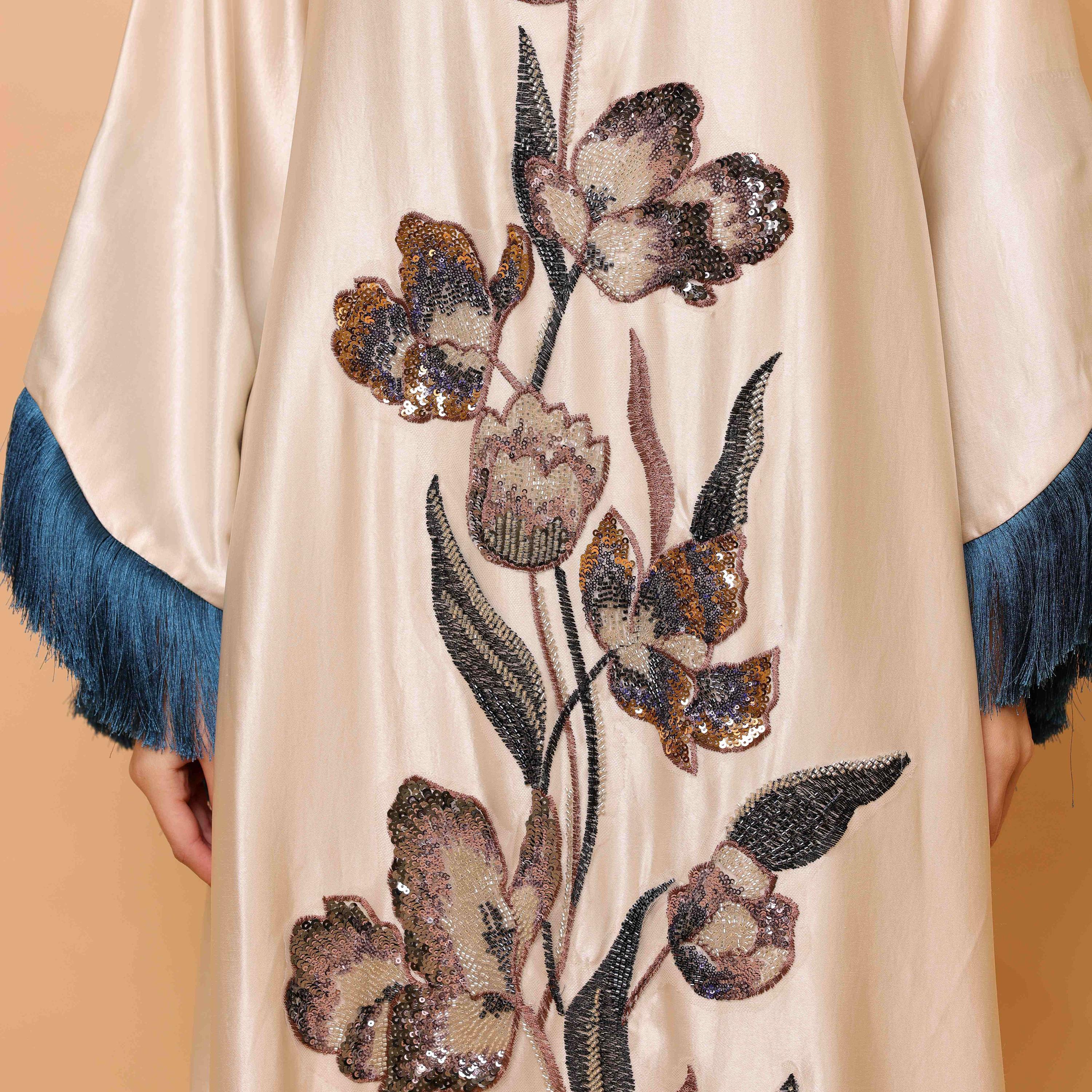 IKKXA Beaded & Sequined Flower Fringed Flared Sleeves Satin Sheen Women's Evening Jalabiya-women-clothing-dresses-image-2