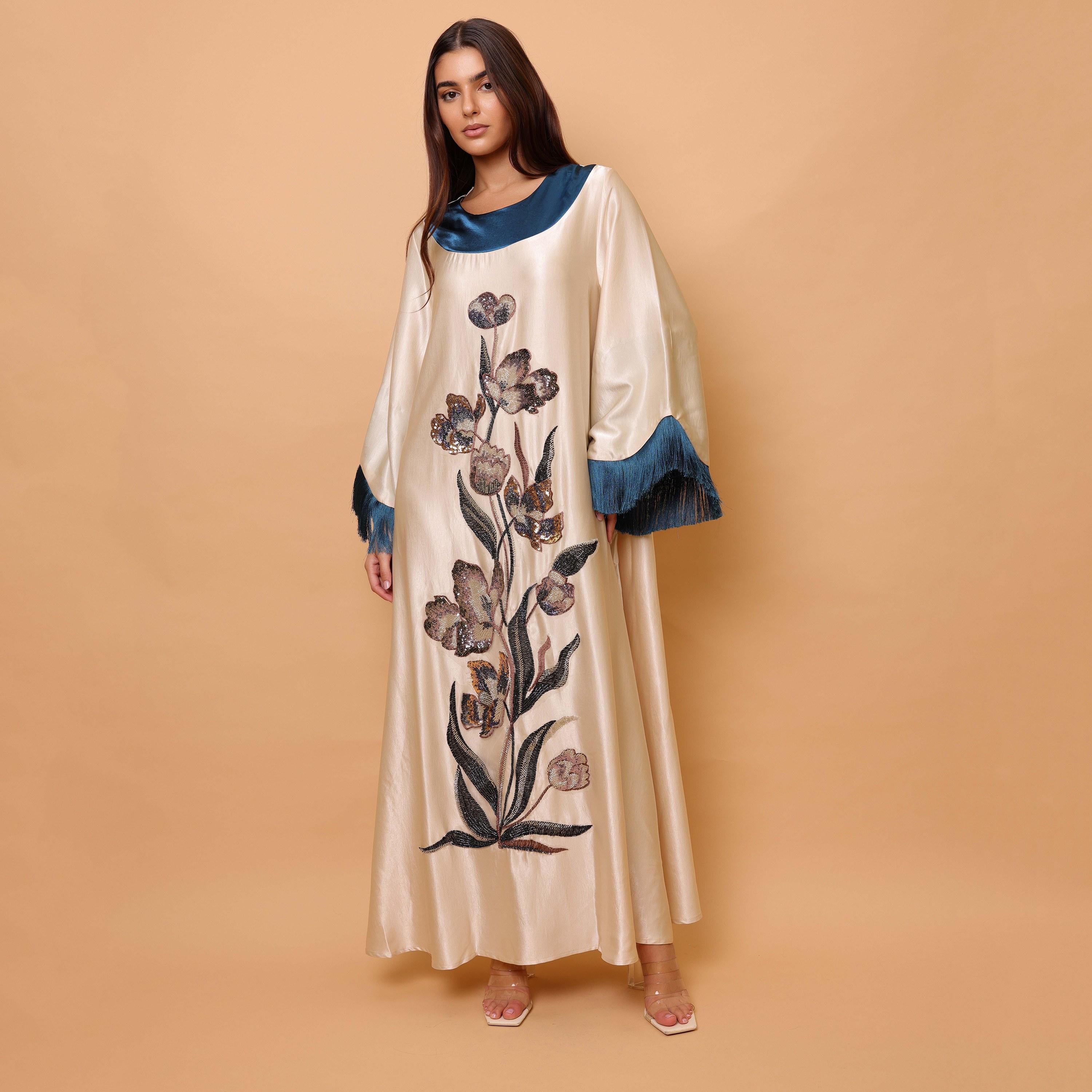 IKKXA Beaded & Sequined Flower Fringed Flared Sleeves Satin Sheen Women's Evening Jalabiya-women-clothing-dresses-image-3