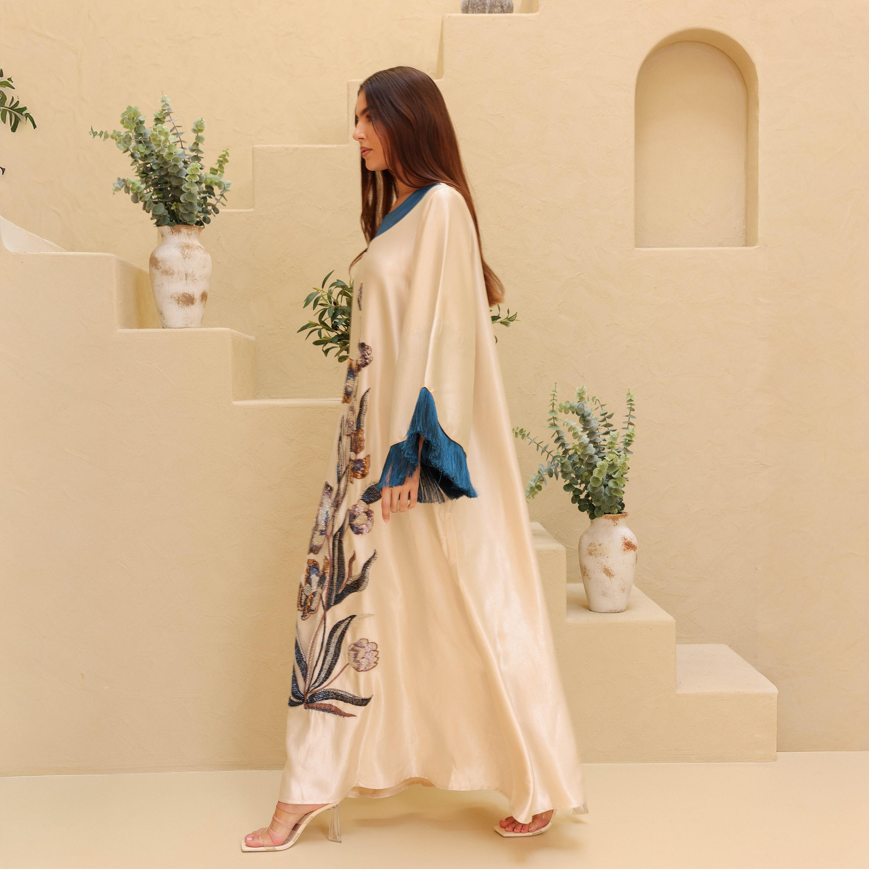 IKKXA Beaded & Sequined Flower Fringed Flared Sleeves Satin Sheen Women's Evening Jalabiya-women-clothing-dresses-image-5