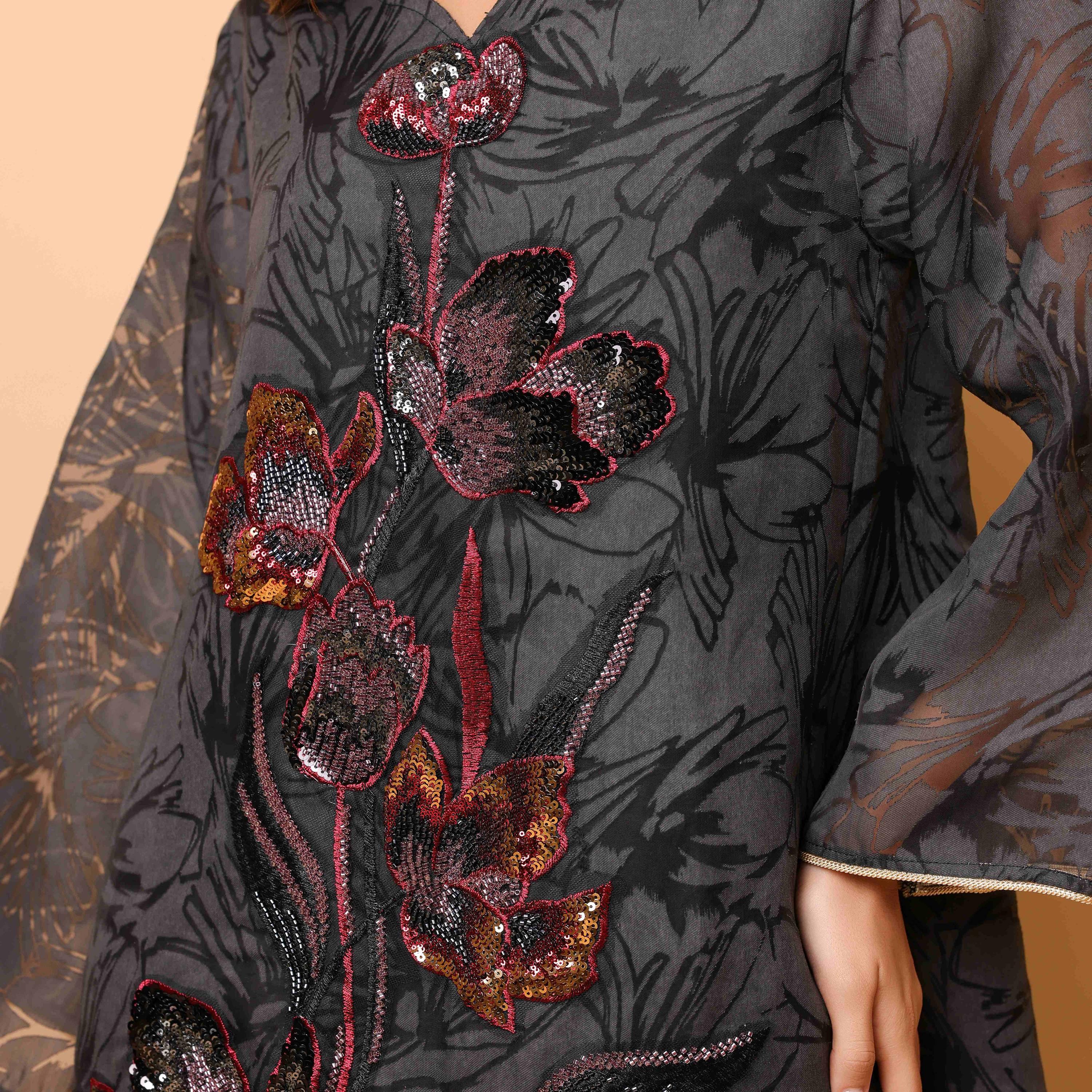 جلابية سهرة نسائية بزهور مزينة بالخرز والترتر وأكمام واسعة من إيككسا-women-arabicclothing-jalabiyas-image-3