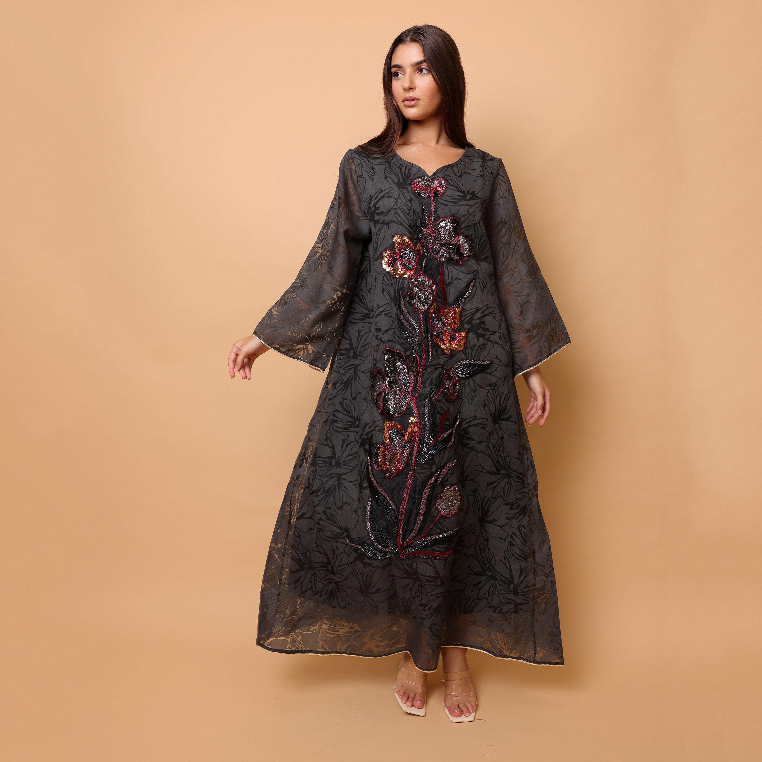 جلابية سهرة نسائية بزهور مزينة بالخرز والترتر وأكمام واسعة من إيككسا-women-arabicclothing-jalabiyas-image-4