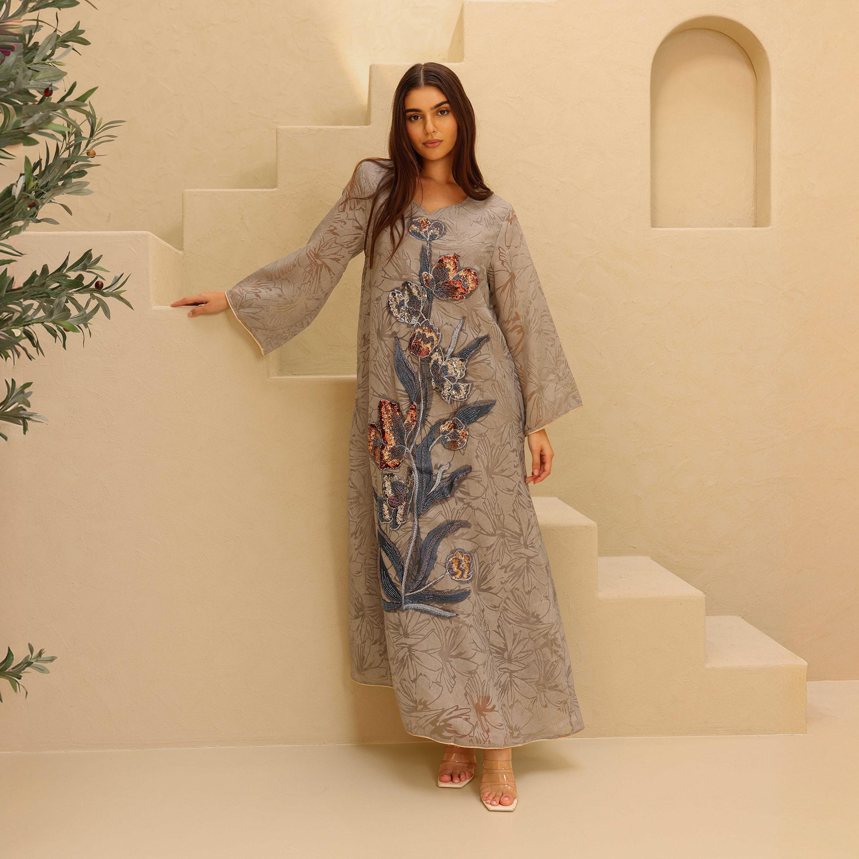 IKKXA Beaded & Sequined Flower Wide Sleeves Women's Evening Jalabiya-women-arabicclothing-jalabiyas-image-1
