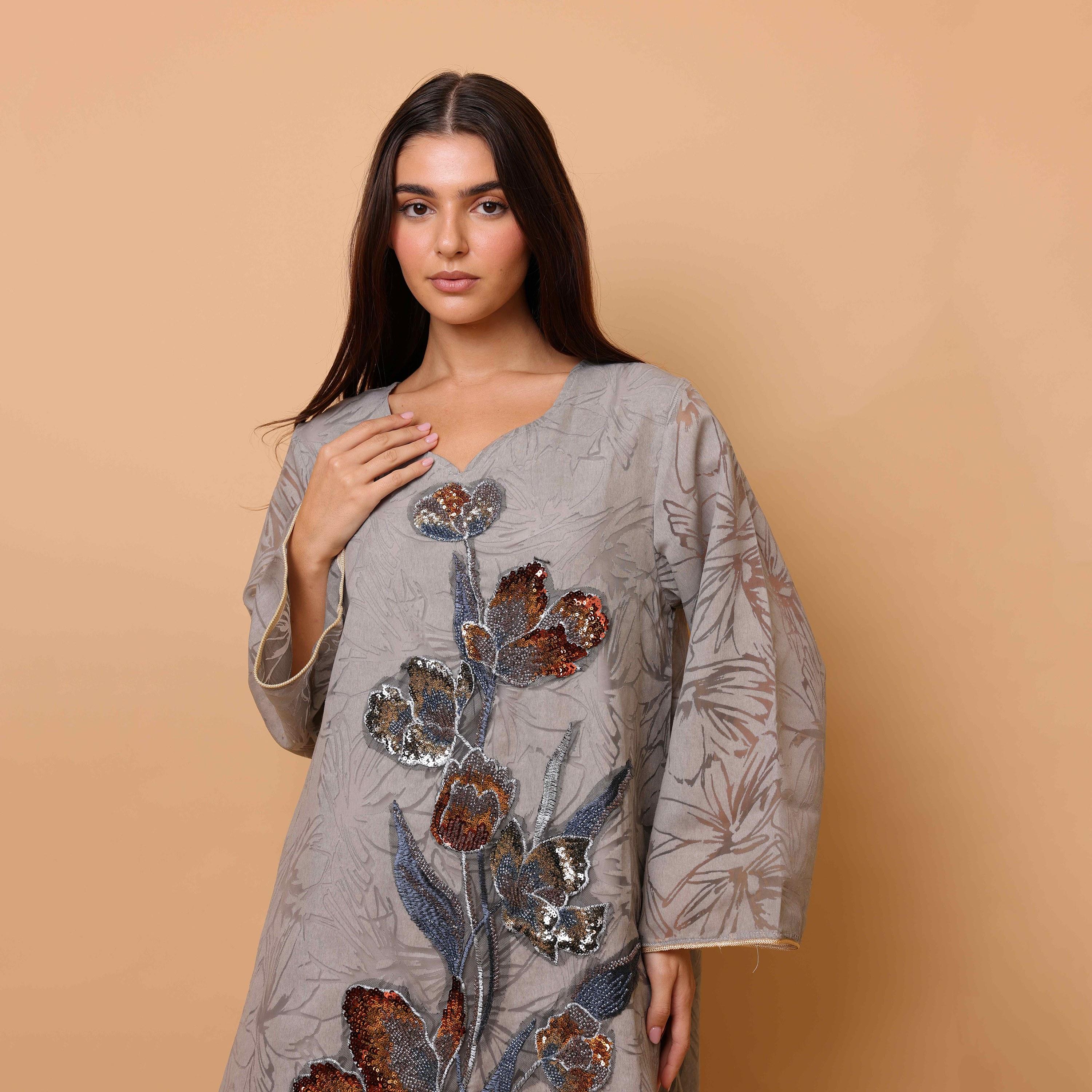 IKKXA Beaded & Sequined Flower Wide Sleeves Women's Evening Jalabiya-women-arabicclothing-jalabiyas-image-2