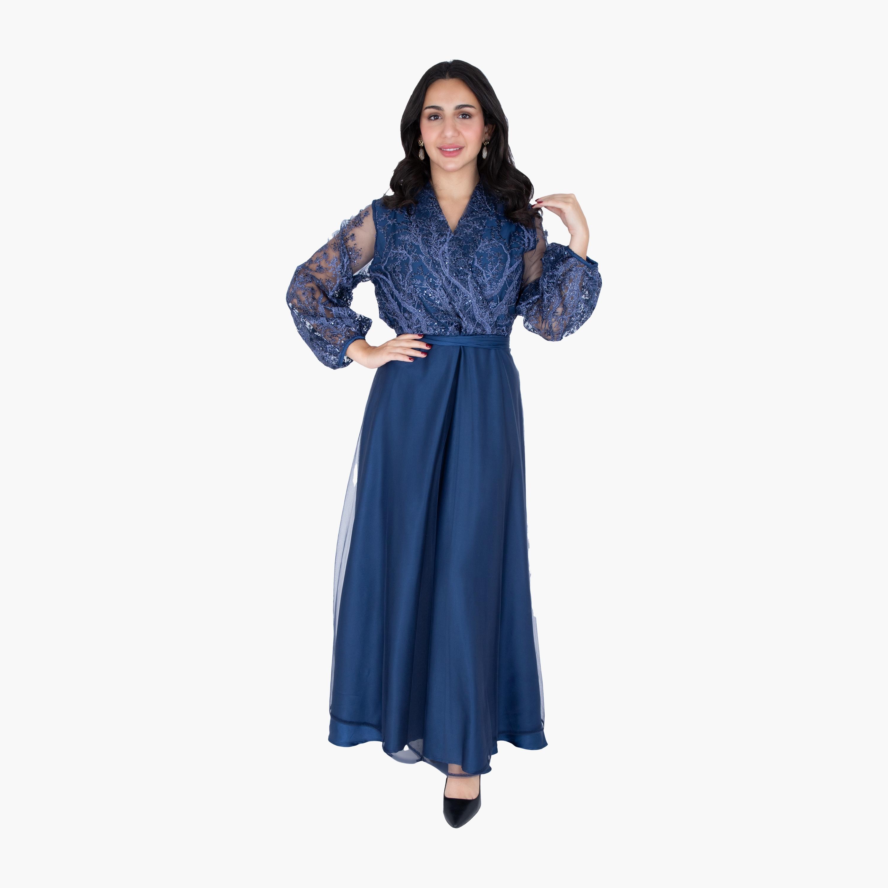 IKKXA Embroidered & Sequined Surplice Neck Balloon Sleeves Women's Evening Layered Jalabiya-women-arabicclothing-jalabiyas-image-1