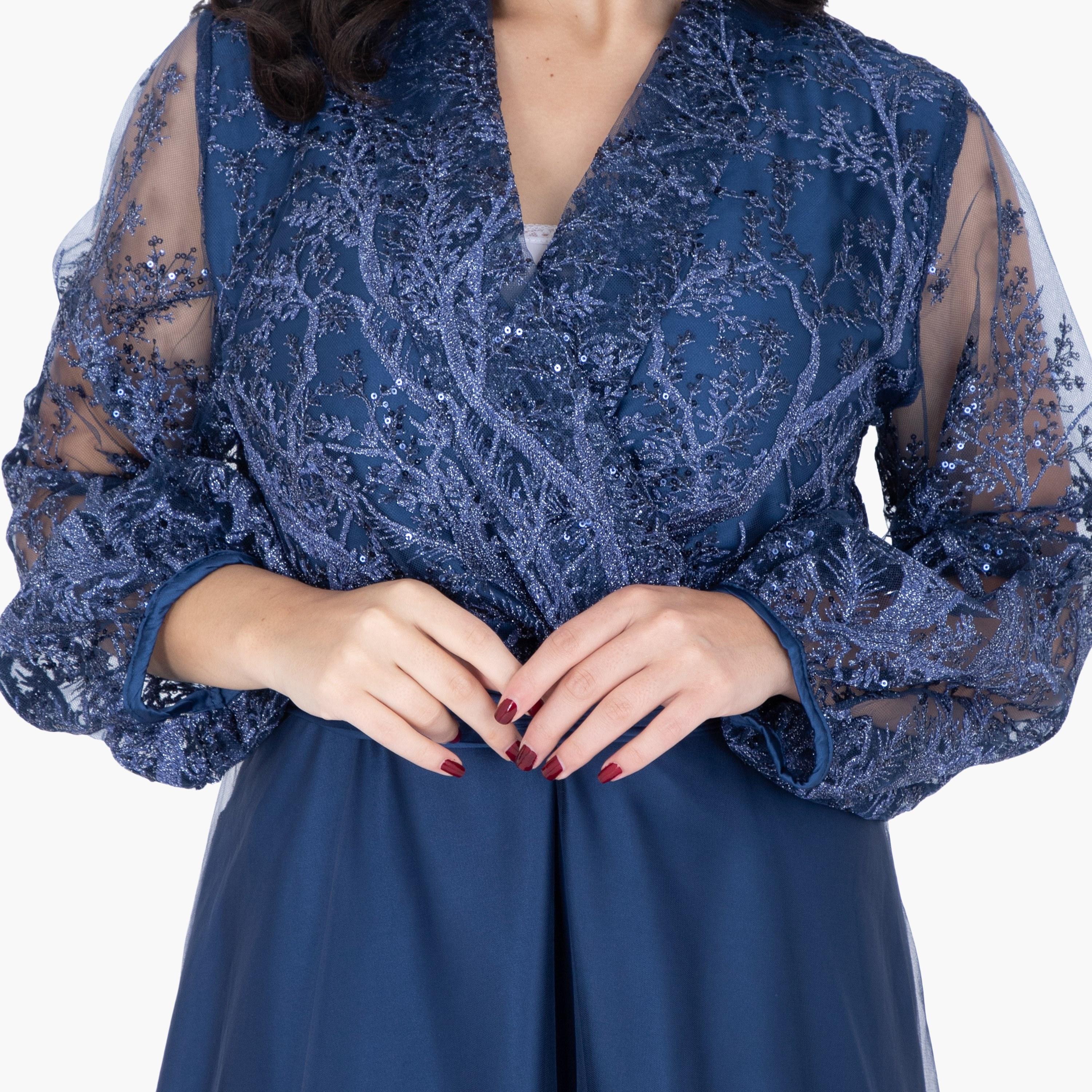 IKKXA Embroidered & Sequined Surplice Neck Balloon Sleeves Women's Evening Layered Jalabiya-women-arabicclothing-jalabiyas-image-2