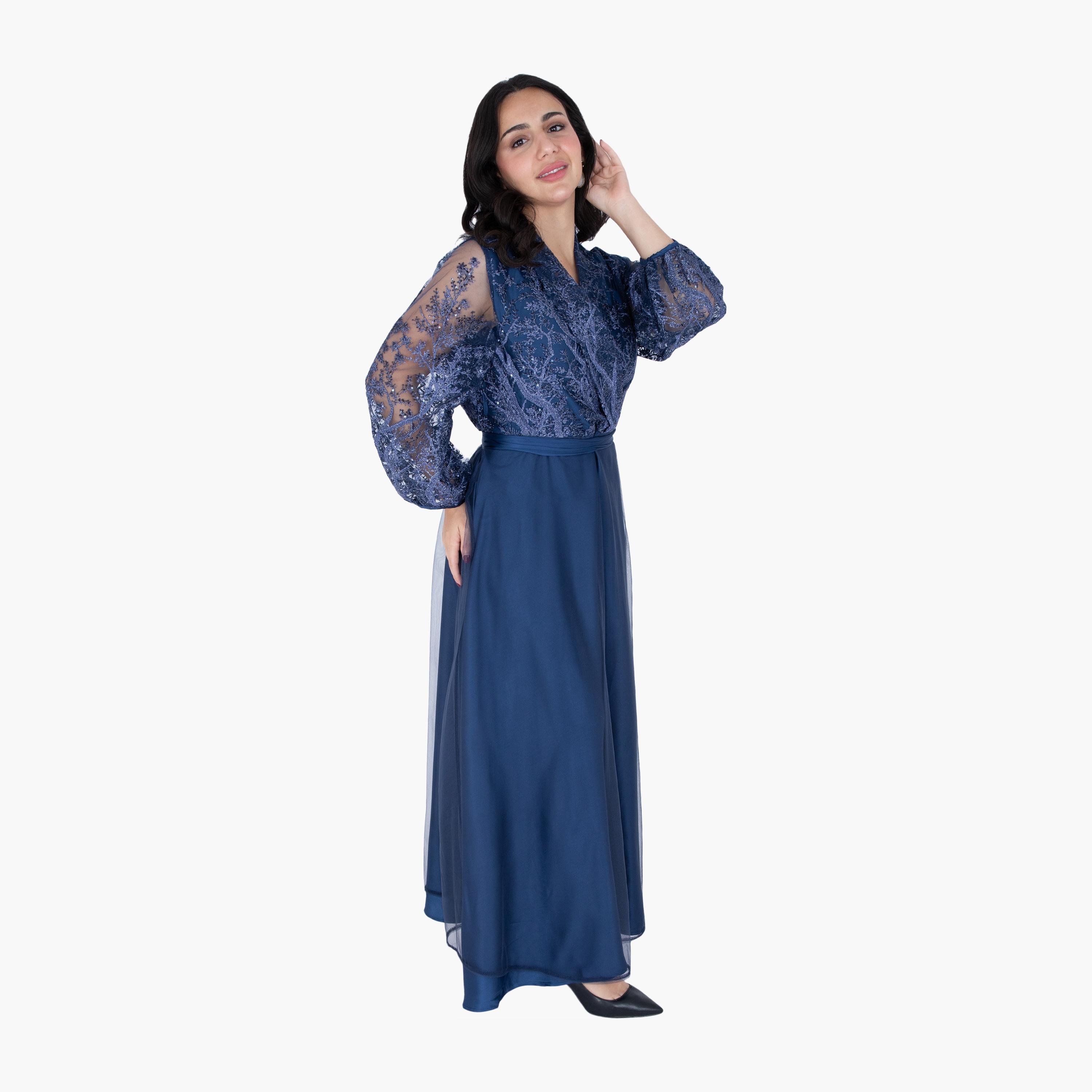 IKKXA Embroidered & Sequined Surplice Neck Balloon Sleeves Women's Evening Layered Jalabiya-women-arabicclothing-jalabiyas-image-3