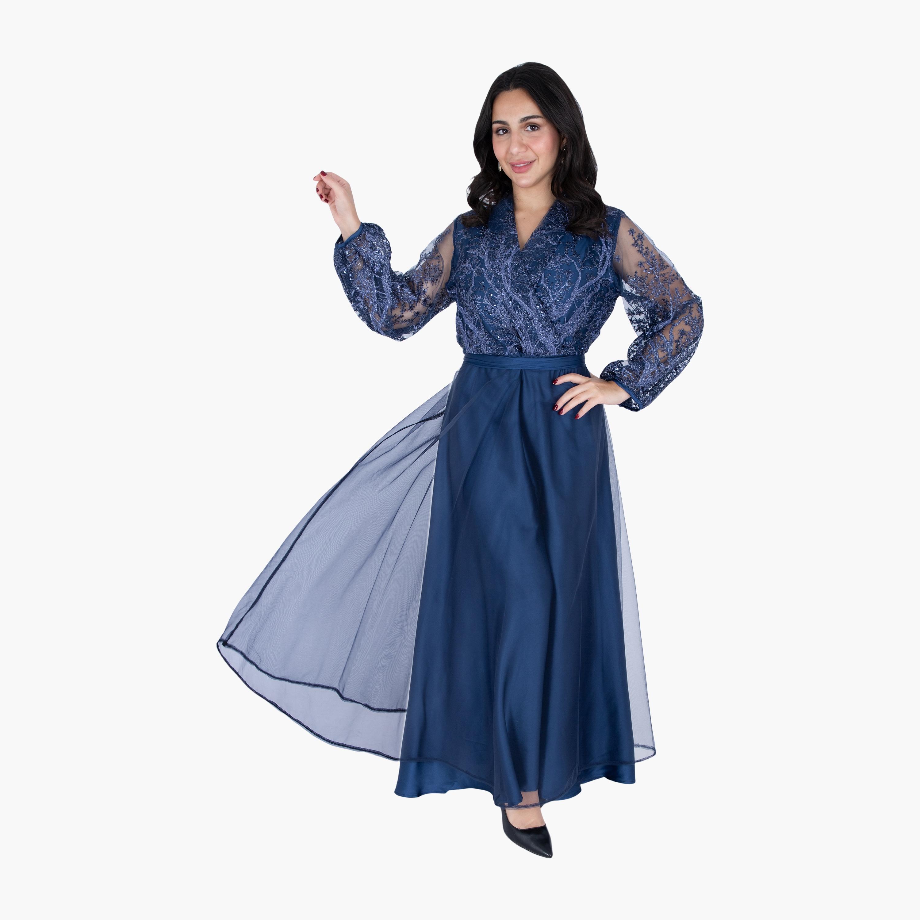 IKKXA Embroidered & Sequined Surplice Neck Balloon Sleeves Women's Evening Layered Jalabiya-women-arabicclothing-jalabiyas-image-4