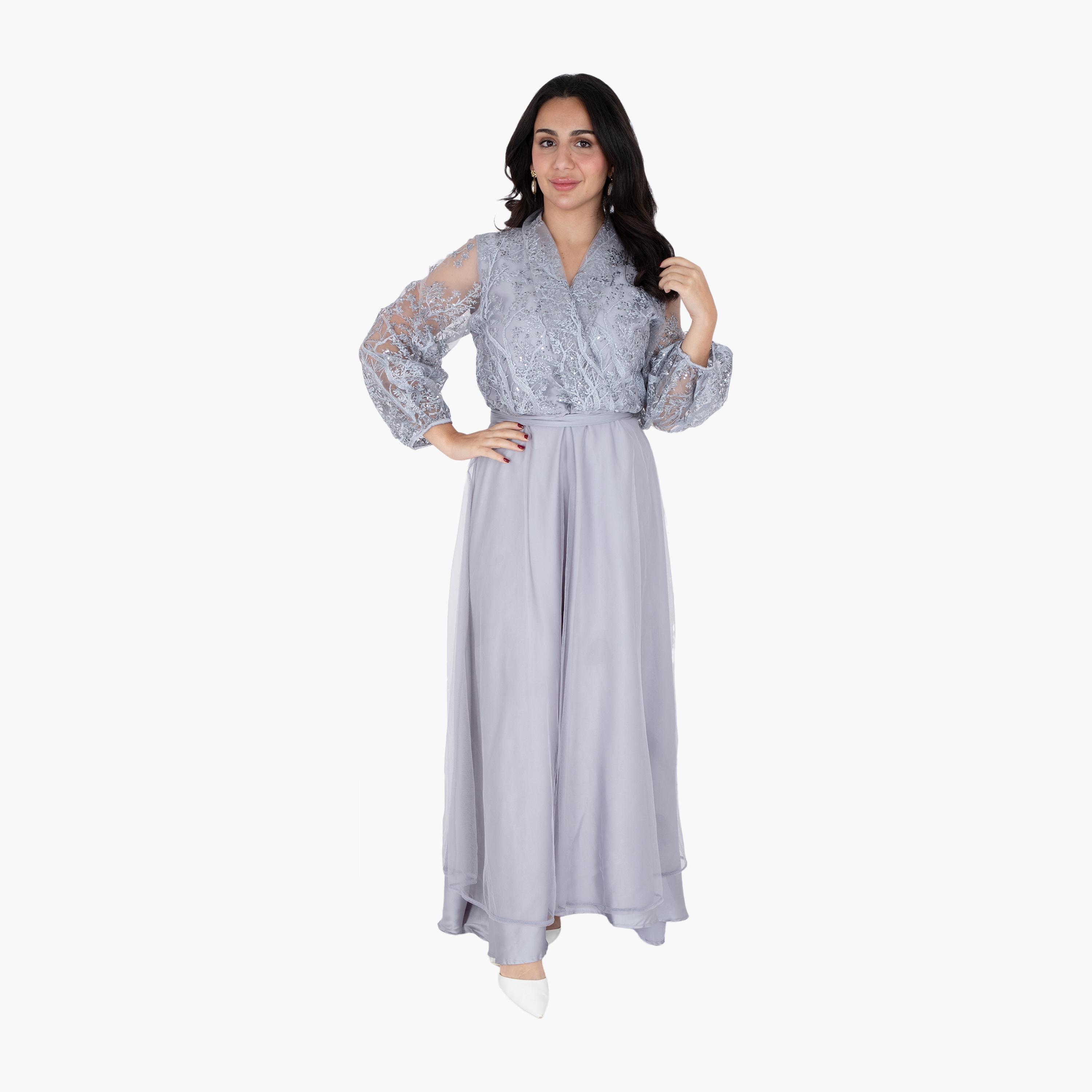 IKKXA Embroidered & Sequined Surplice Neck Balloon Sleeves Women's Evening Layered Jalabiya-women-arabicclothing-jalabiyas-image-6