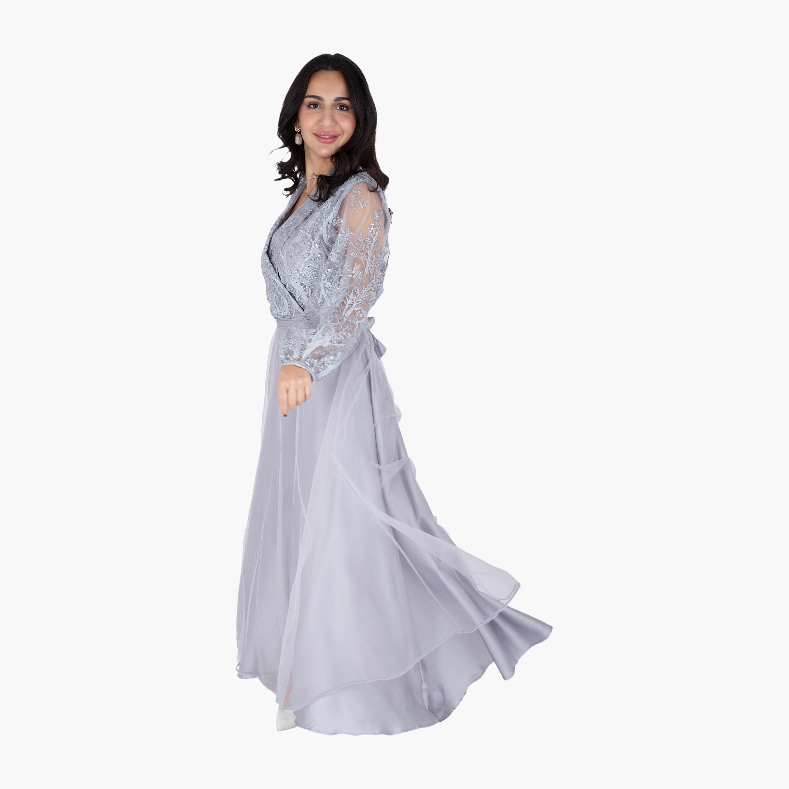 IKKXA Embroidered & Sequined Surplice Neck Balloon Sleeves Women's Evening Layered Jalabiya-women-arabicclothing-jalabiyas-image-8