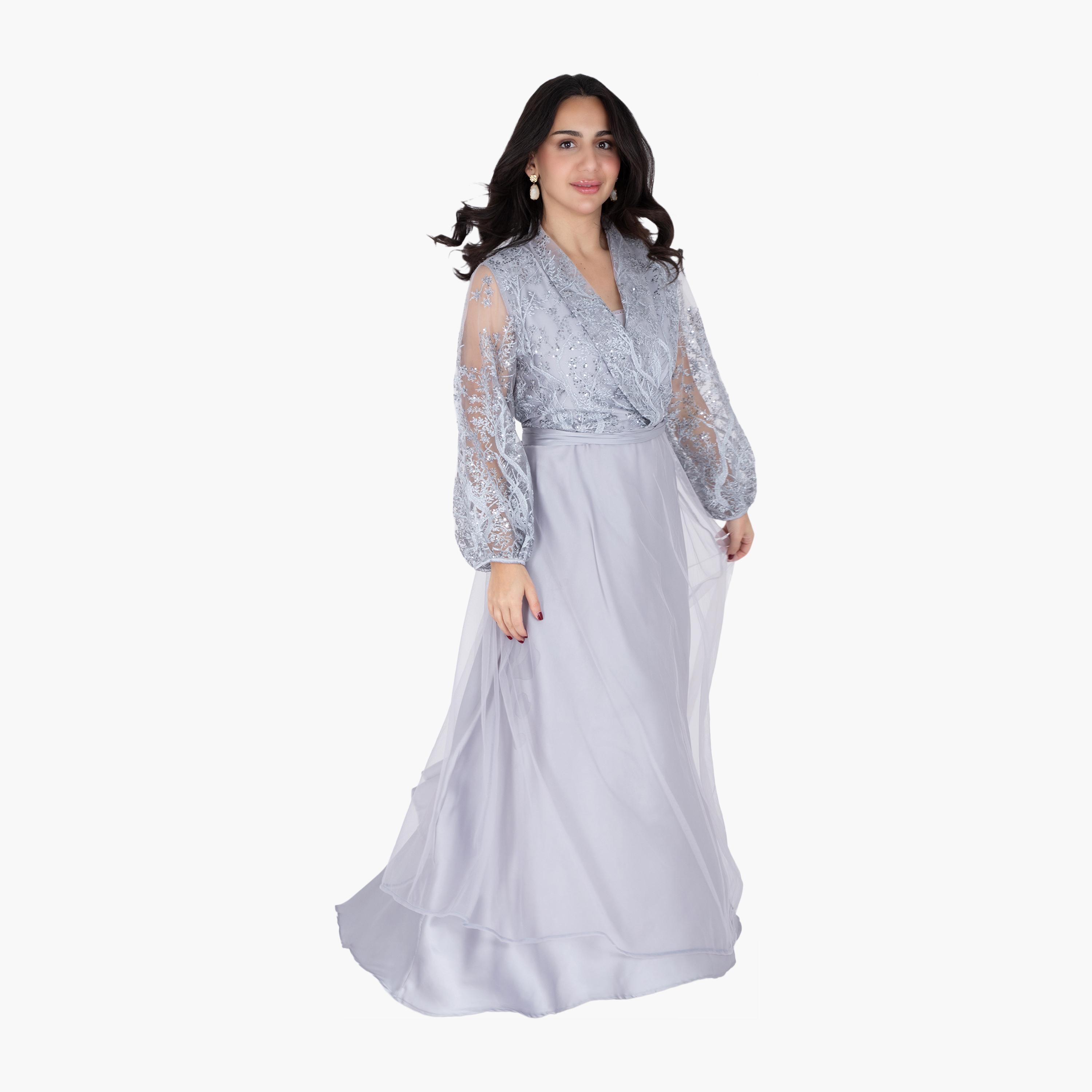 IKKXA Embroidered & Sequined Surplice Neck Balloon Sleeves Women's Evening Layered Jalabiya-women-arabicclothing-jalabiyas-image-9