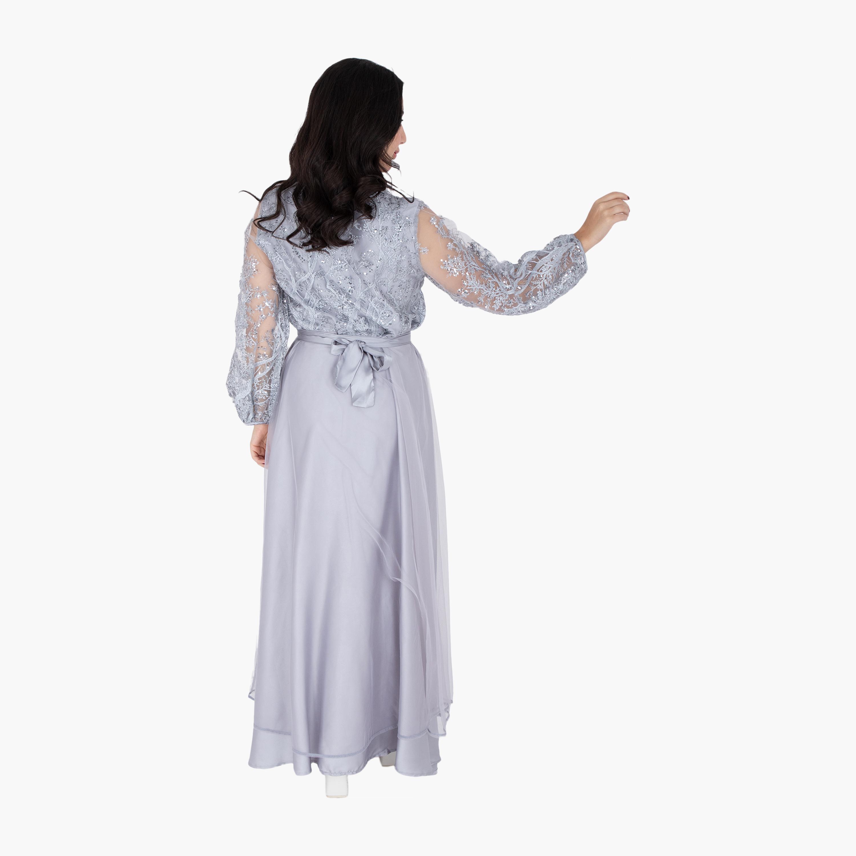 IKKXA Embroidered & Sequined Surplice Neck Balloon Sleeves Women's Evening Layered Jalabiya-women-arabicclothing-jalabiyas-image-10