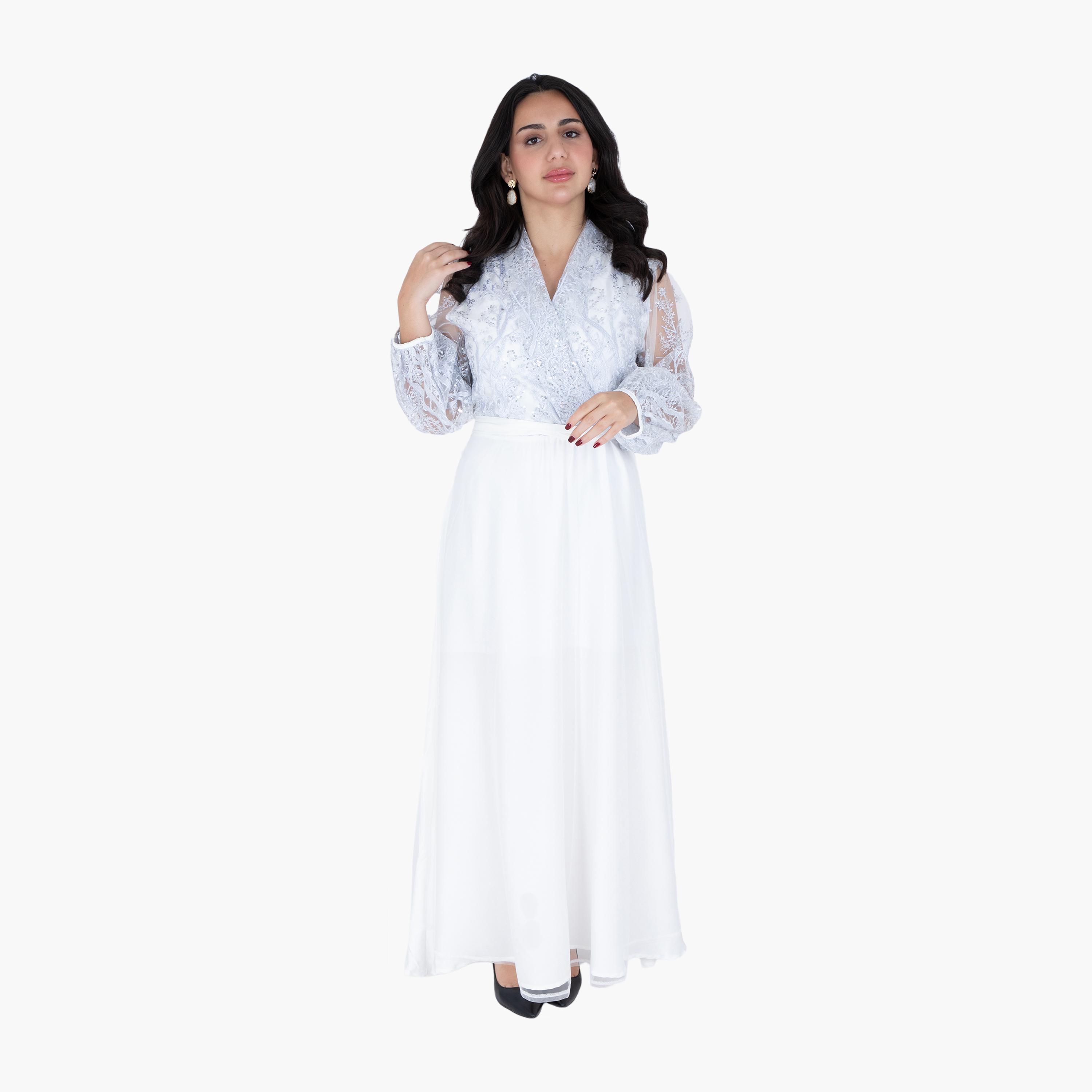 IKKXA Embroidered & Sequined Surplice Neck Balloon Sleeves Women's Evening Layered Jalabiya-women-arabicclothing-jalabiyas-image-11