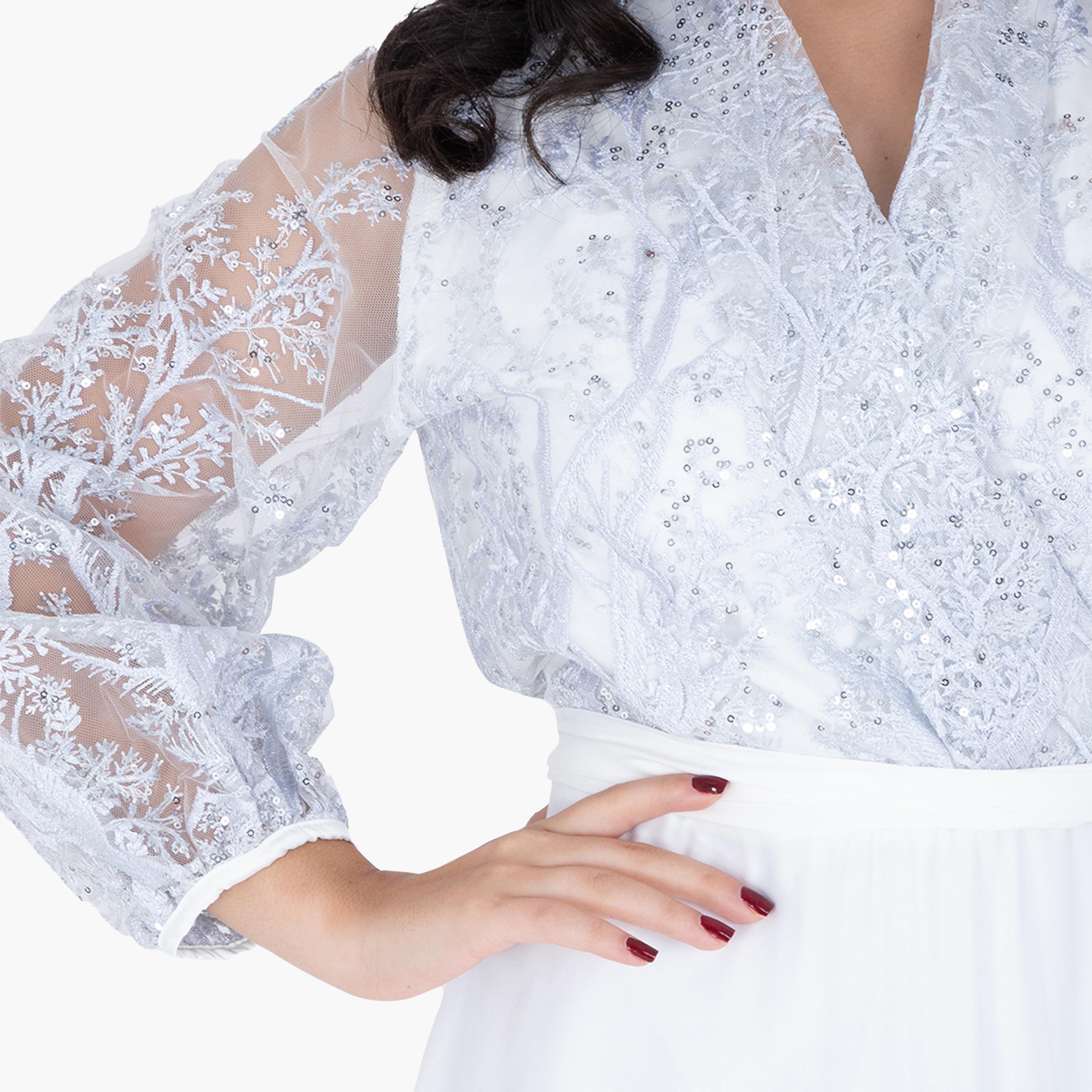 IKKXA Embroidered & Sequined Surplice Neck Balloon Sleeves Women's Evening Layered Jalabiya-women-arabicclothing-jalabiyas-image-12