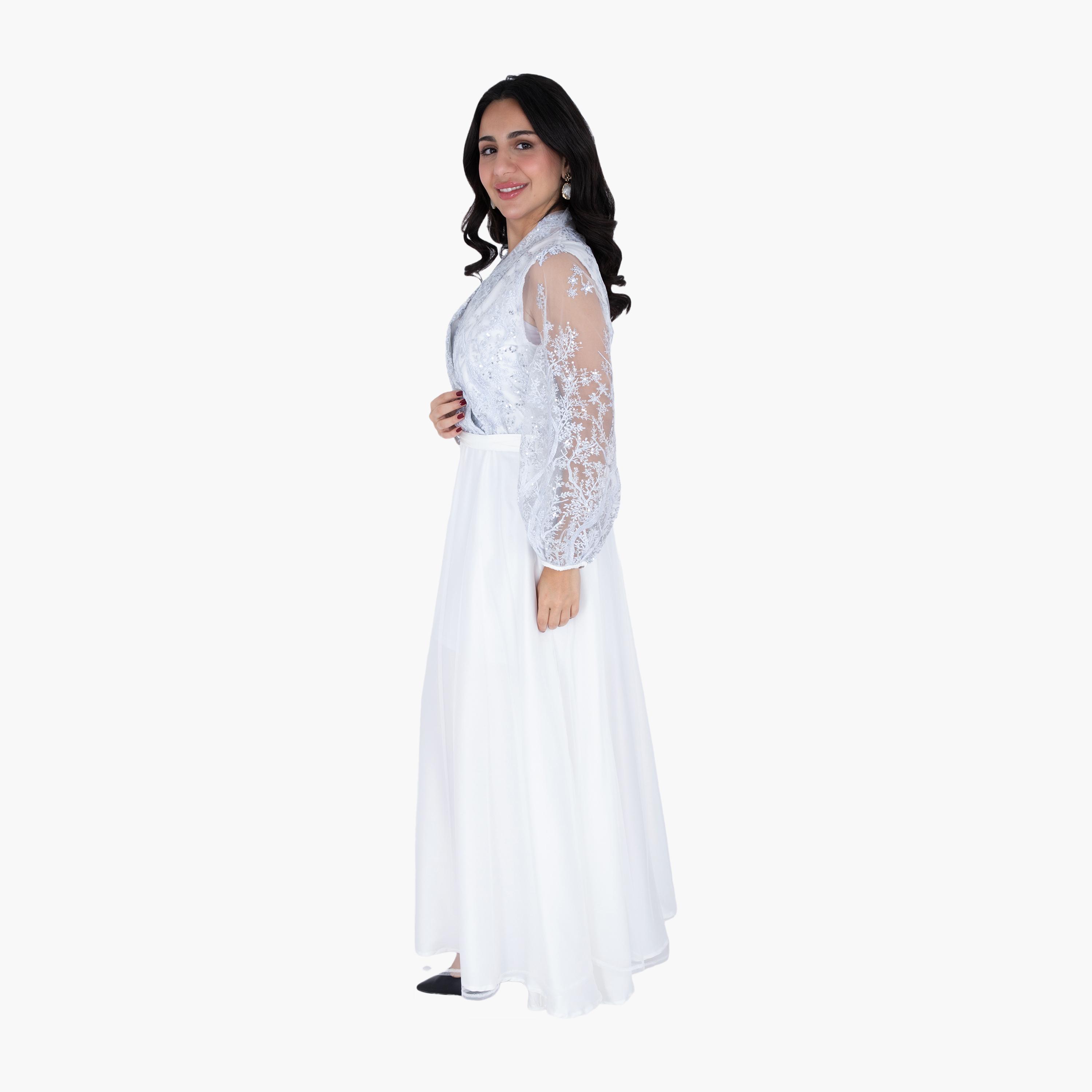 IKKXA Embroidered & Sequined Surplice Neck Balloon Sleeves Women's Evening Layered Jalabiya-women-arabicclothing-jalabiyas-image-13