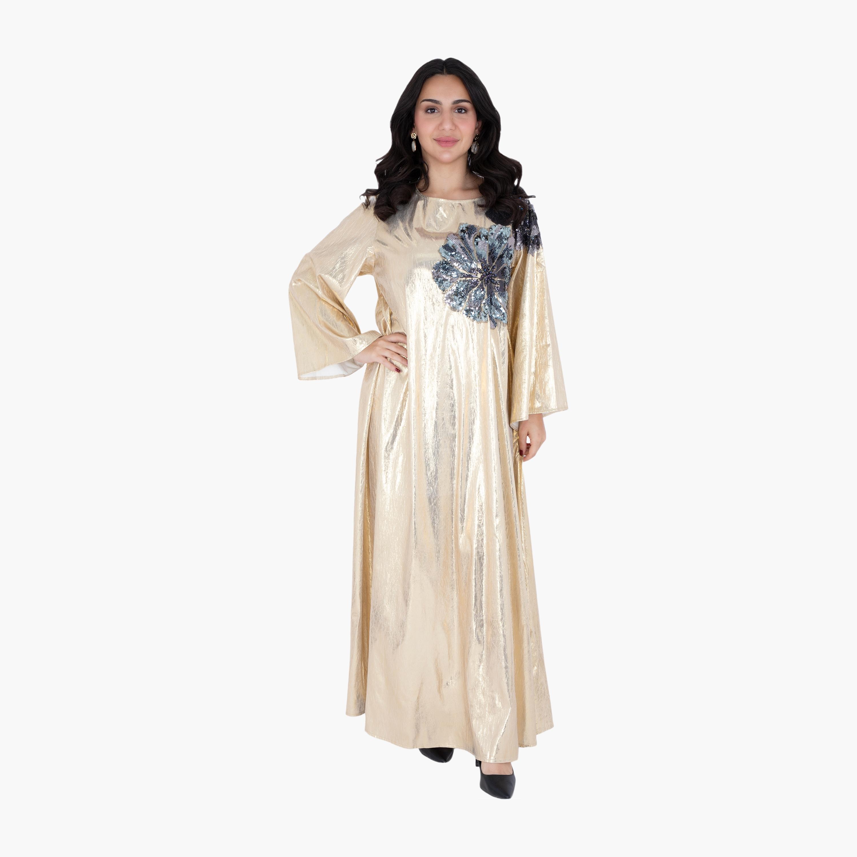 جلابية سهرة معدنية مطرزة ومطرزة بالترتر وأكمام واسعة من إككسا-women-arabicclothing-jalabiyas-image-1