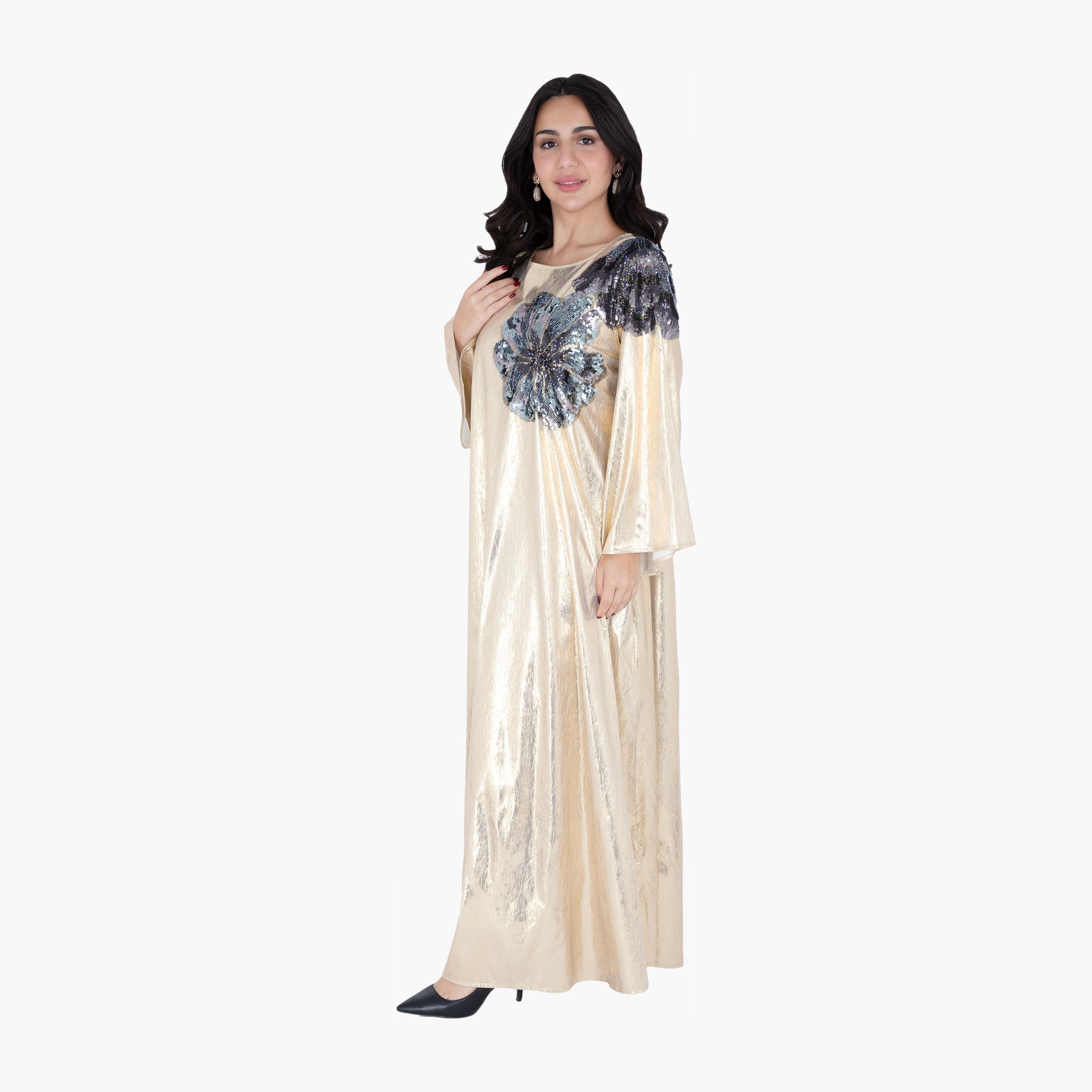 جلابية سهرة معدنية مطرزة ومطرزة بالترتر وأكمام واسعة من إككسا-women-arabicclothing-jalabiyas-image-4
