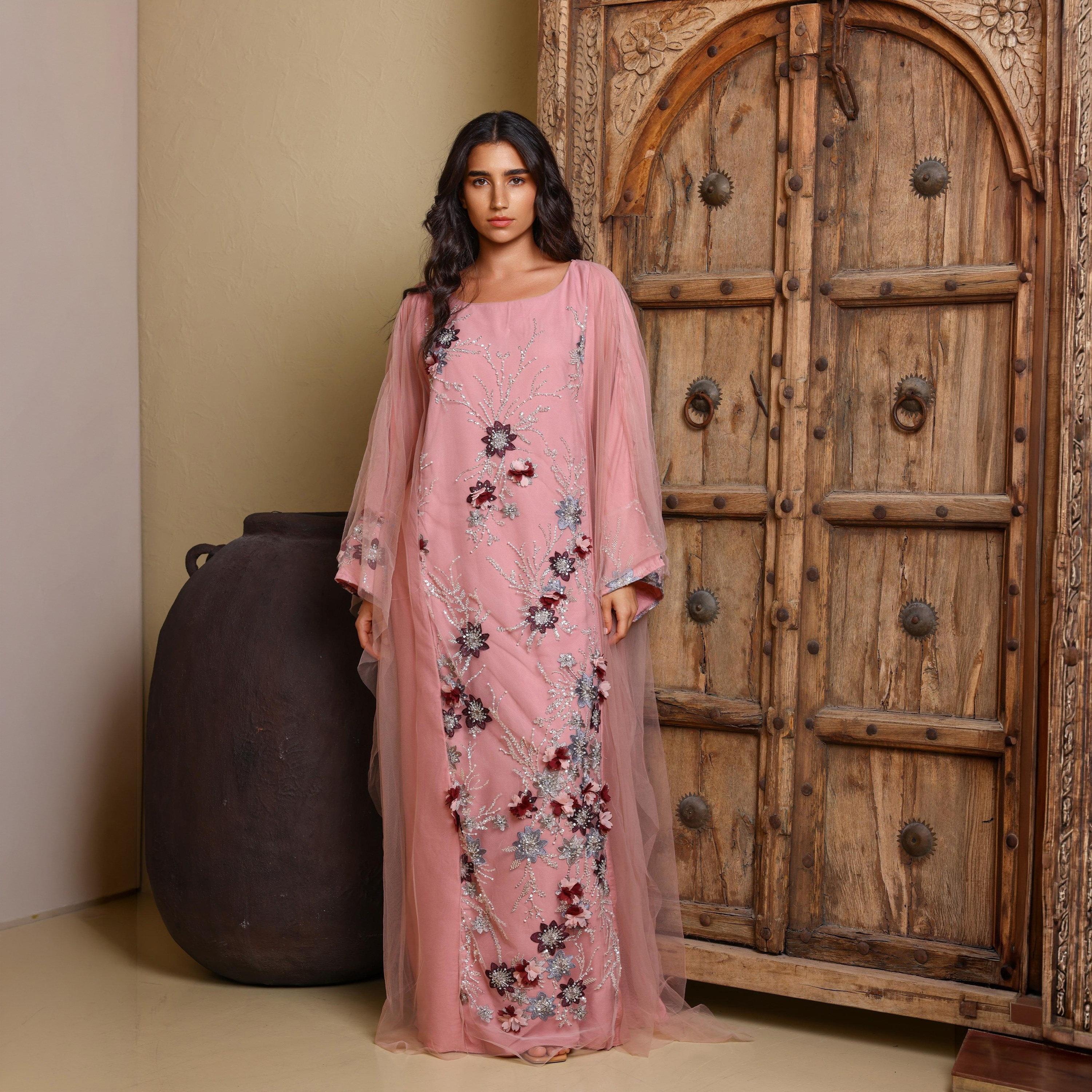 IKKXA Pink 3D Floral & Beaded Flared Sleeves Women's Evening Jalabiya with Sheer Overlay-women-arabicclothing-jalabiyas-image-1
