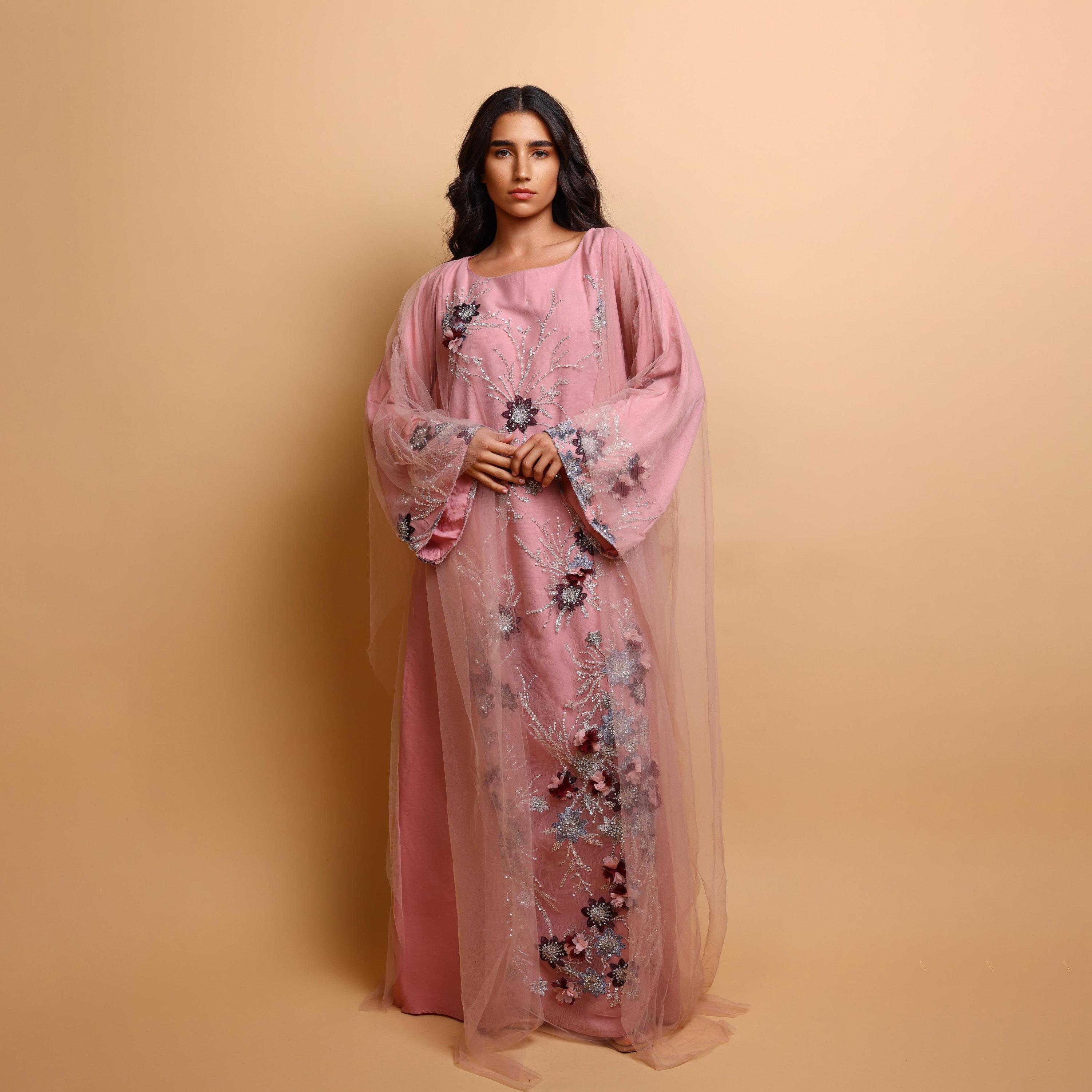 IKKXA Pink 3D Floral & Beaded Flared Sleeves Women's Evening Jalabiya with Sheer Overlay-women-arabicclothing-jalabiyas-image-3