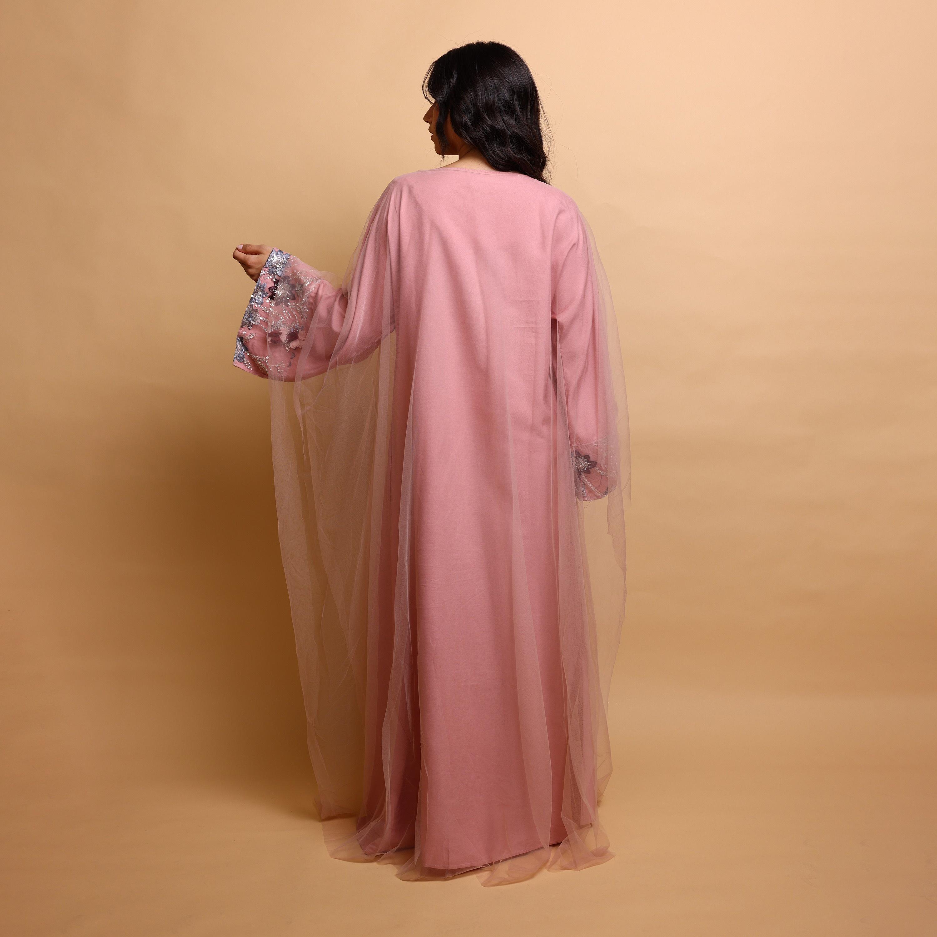 IKKXA Pink 3D Floral & Beaded Flared Sleeves Women's Evening Jalabiya with Sheer Overlay-women-arabicclothing-jalabiyas-image-5
