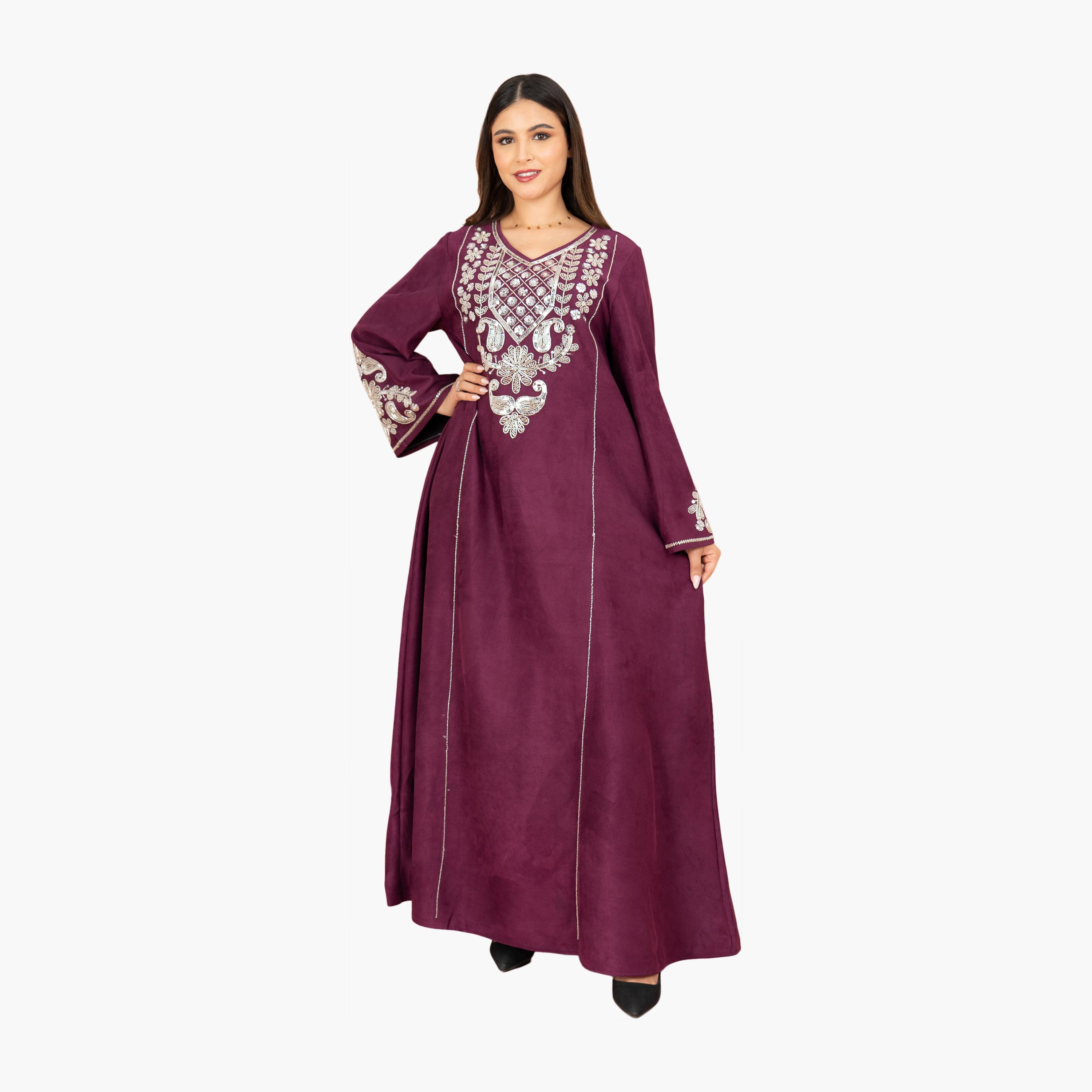 IKKXA Beaded & Sequined Yoke Flared Sleeves Women's Evening Jalabiya-women-arabicclothing-jalabiyas-image-1