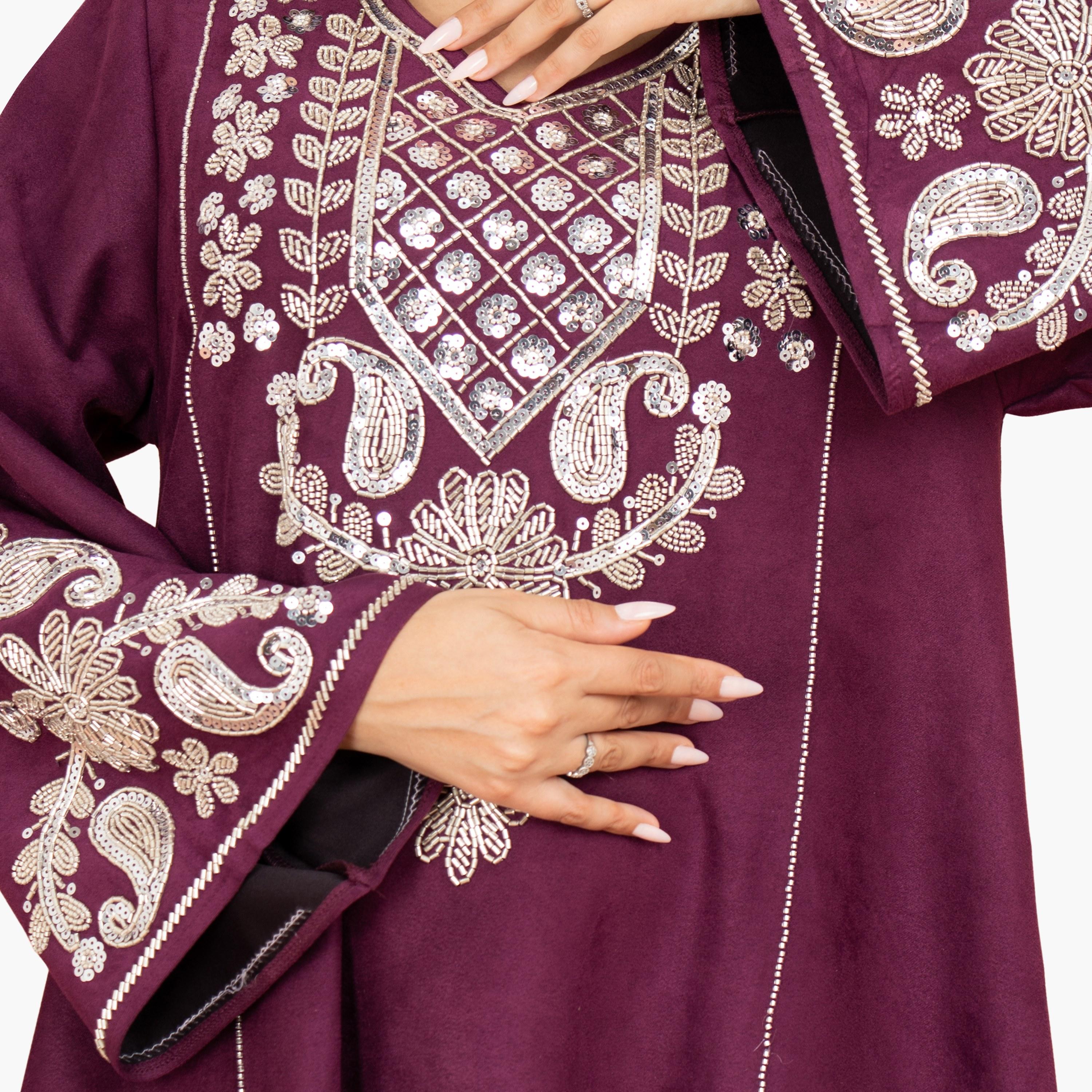 IKKXA Beaded & Sequined Yoke Flared Sleeves Women's Evening Jalabiya-women-arabicclothing-jalabiyas-image-2