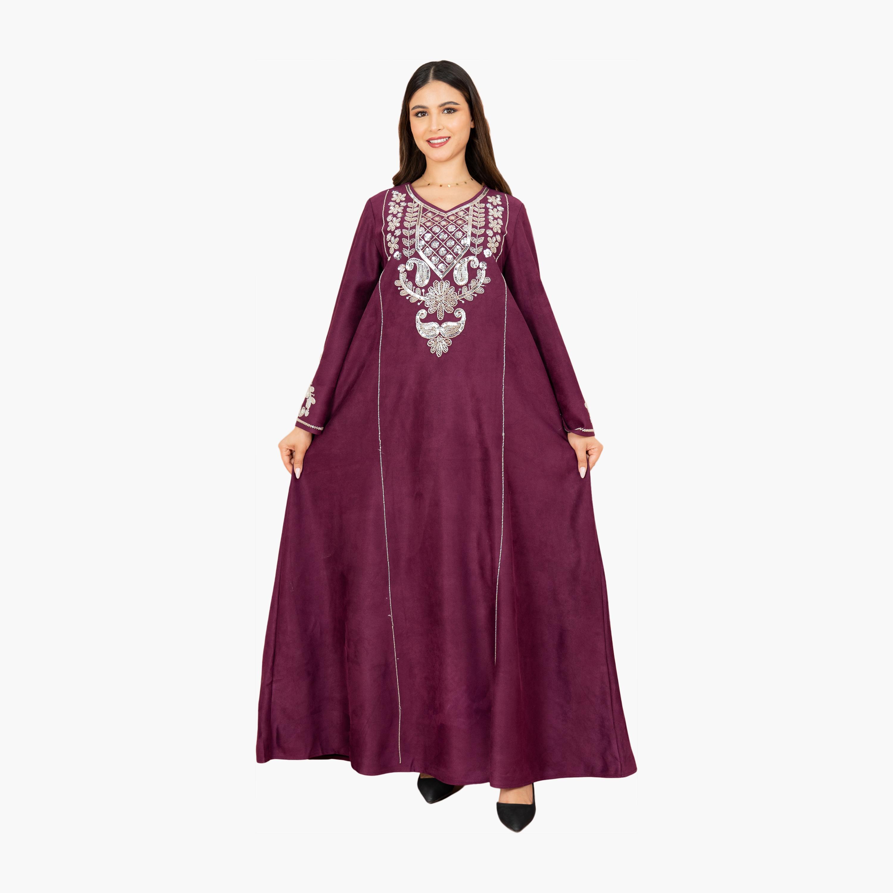IKKXA Beaded & Sequined Yoke Flared Sleeves Women's Evening Jalabiya-women-arabicclothing-jalabiyas-image-4
