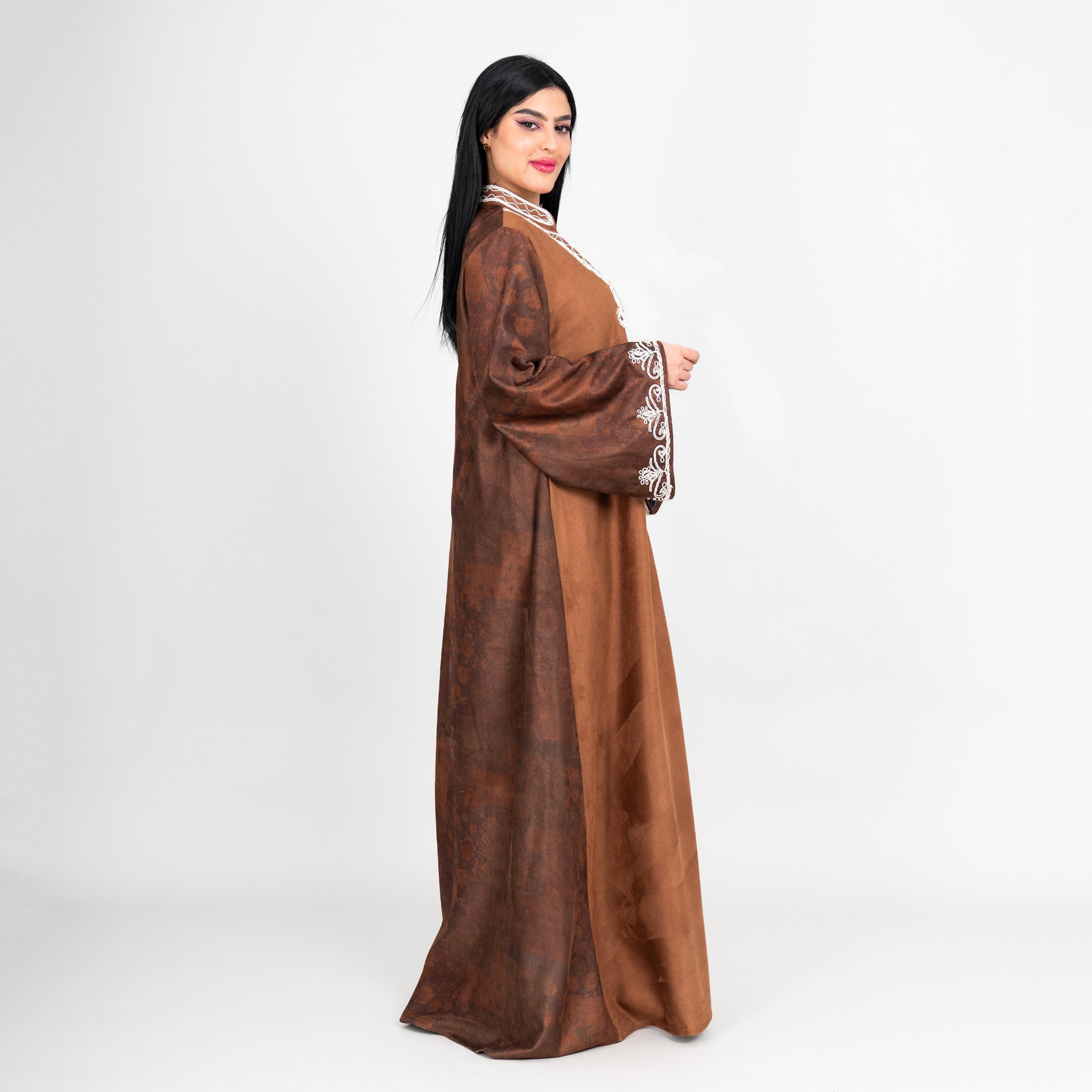 IKKXA Floral Print & Embroidered Dual Tone Mandarin Collar Flared Sleeves Women's Evening Jalabiya-women-arabicclothing-jalabiyas-image-3