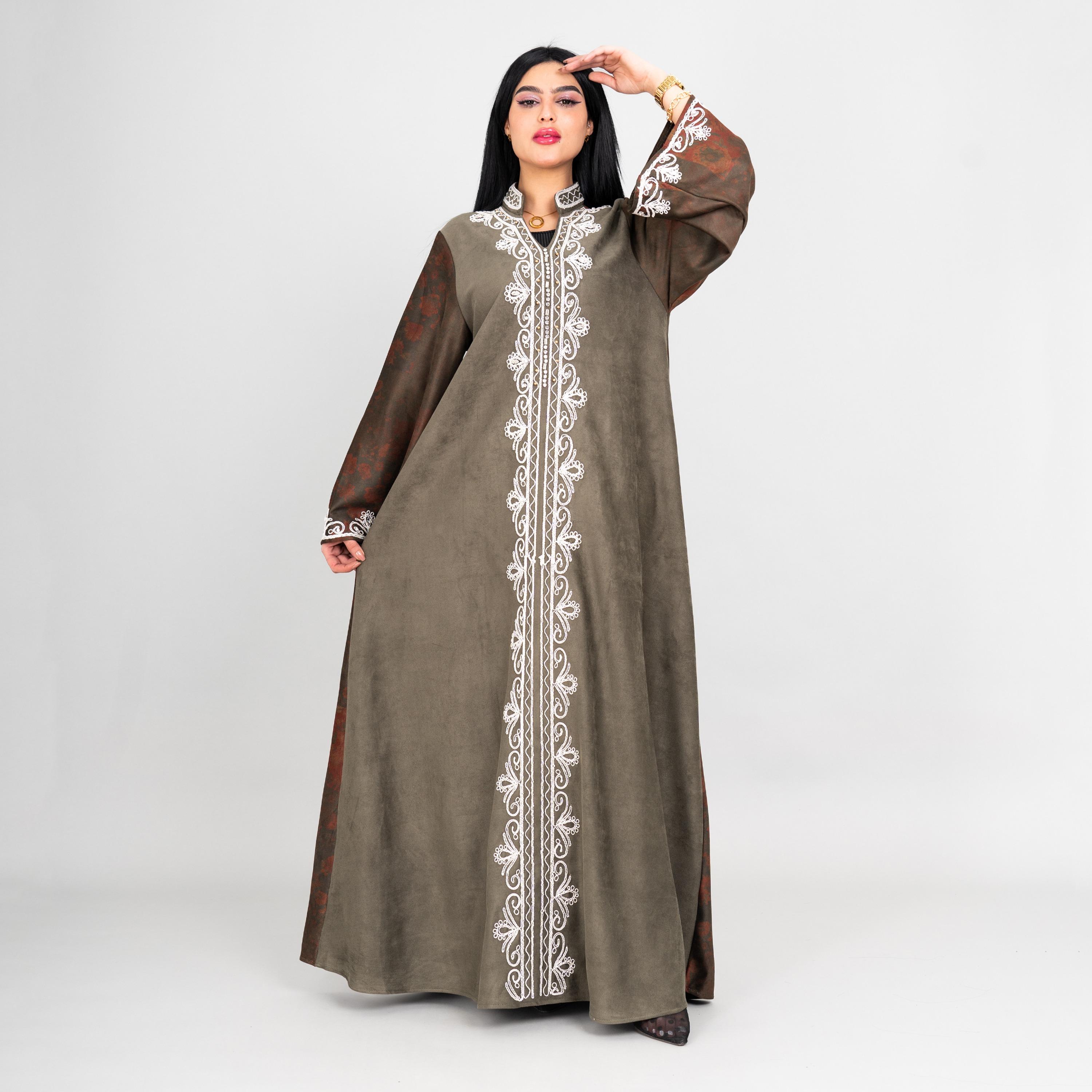 IKKXA Floral Print & Embroidered Dual Tone Mandarin Collar Flared Sleeves Women's Evening Jalabiya-women-arabicclothing-jalabiyas-image-5