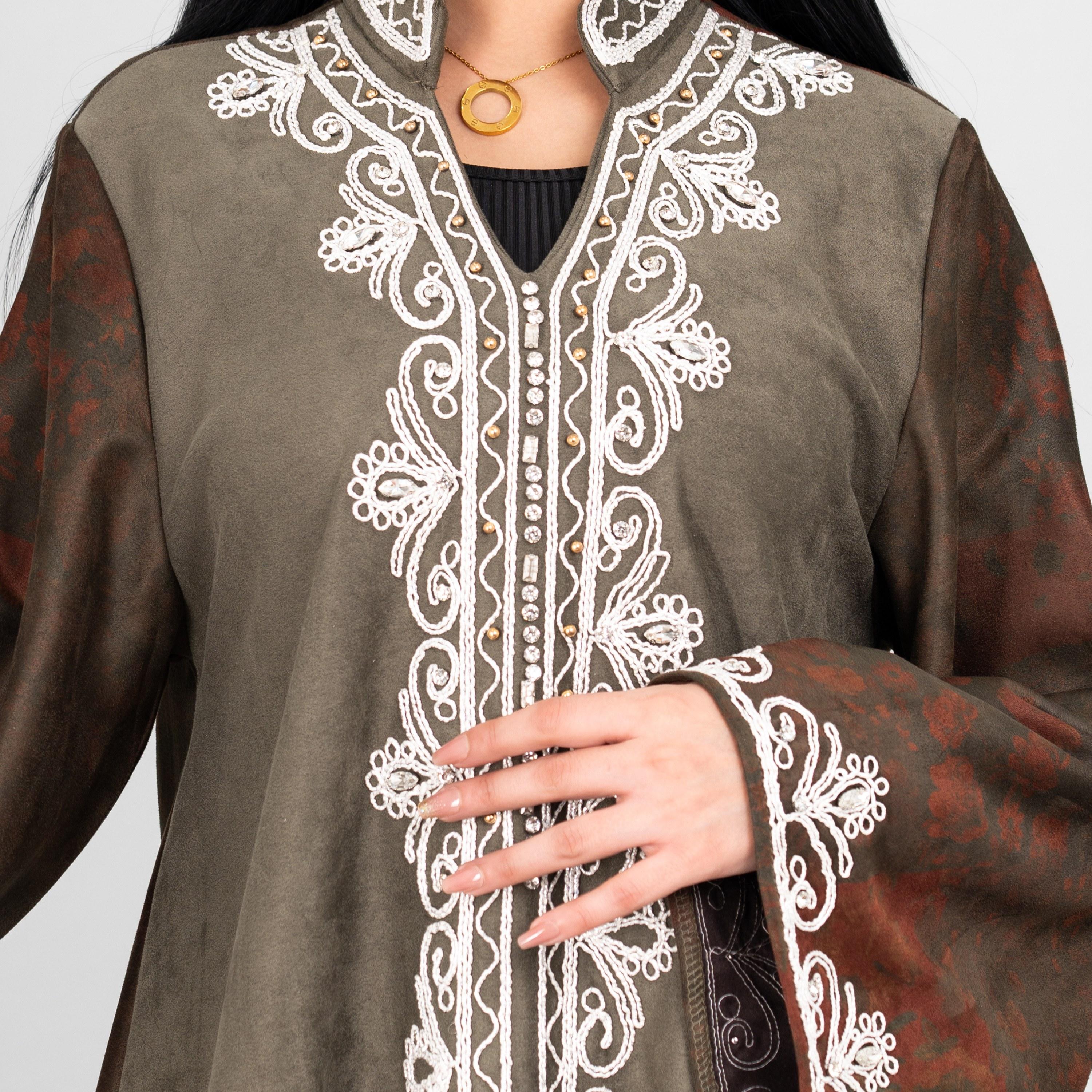 IKKXA Floral Print & Embroidered Dual Tone Mandarin Collar Flared Sleeves Women's Evening Jalabiya-women-arabicclothing-jalabiyas-image-6