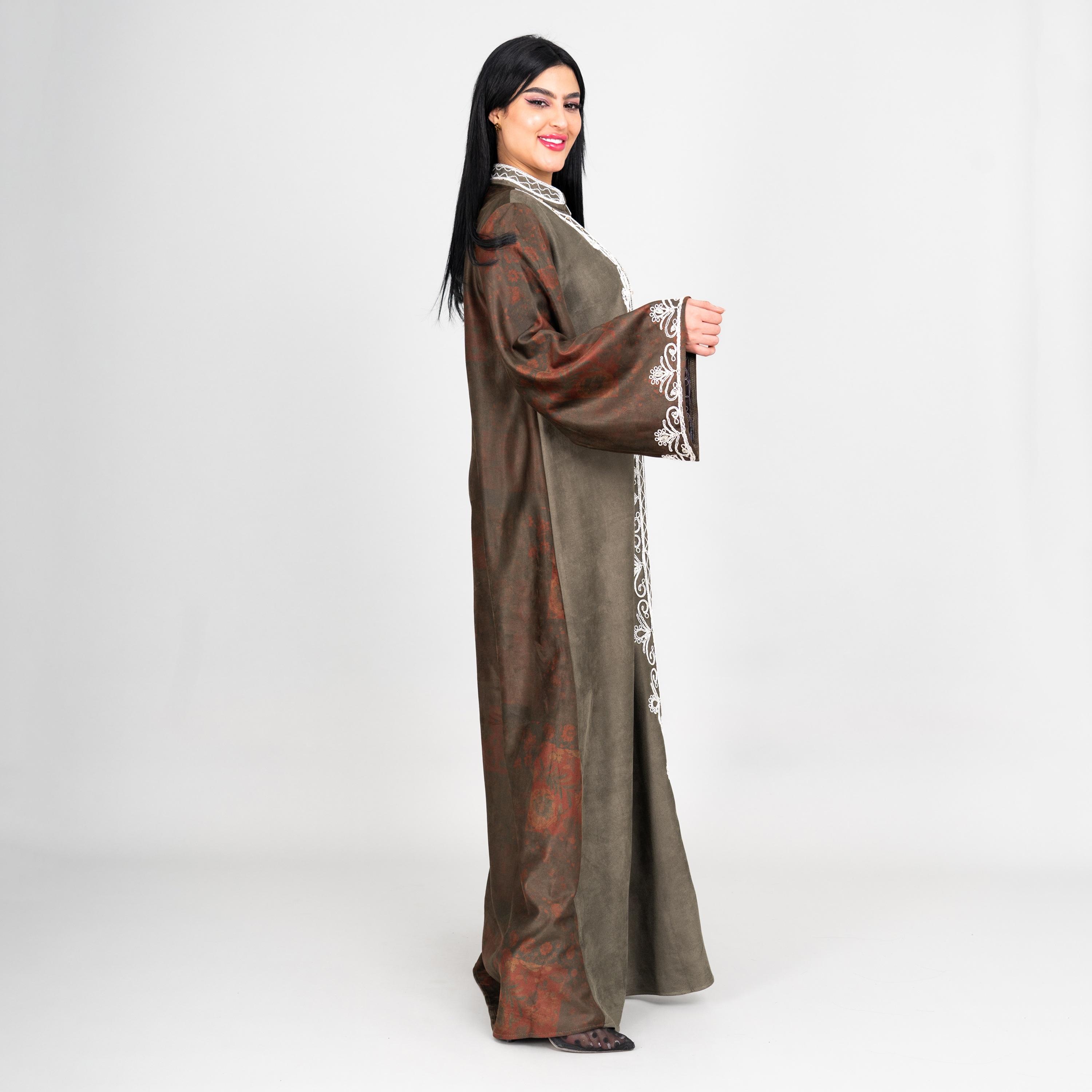 IKKXA Floral Print & Embroidered Dual Tone Mandarin Collar Flared Sleeves Women's Evening Jalabiya-women-arabicclothing-jalabiyas-image-7