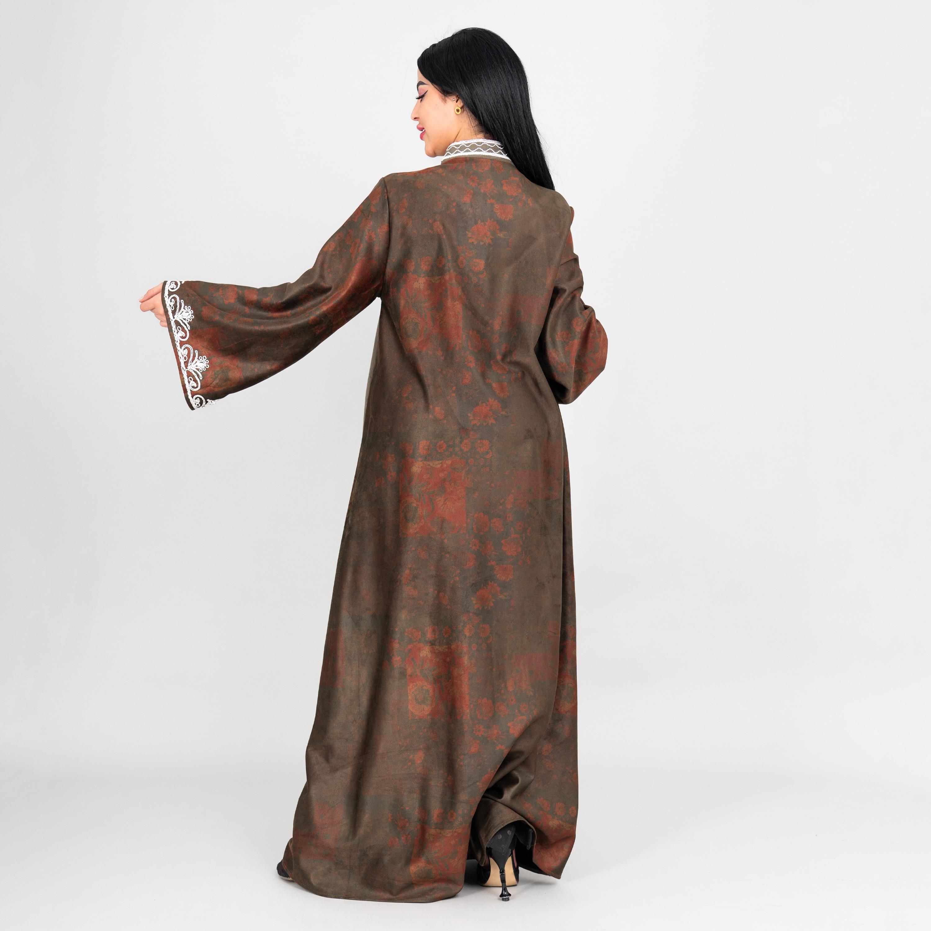IKKXA Floral Print & Embroidered Dual Tone Mandarin Collar Flared Sleeves Women's Evening Jalabiya-women-arabicclothing-jalabiyas-image-8
