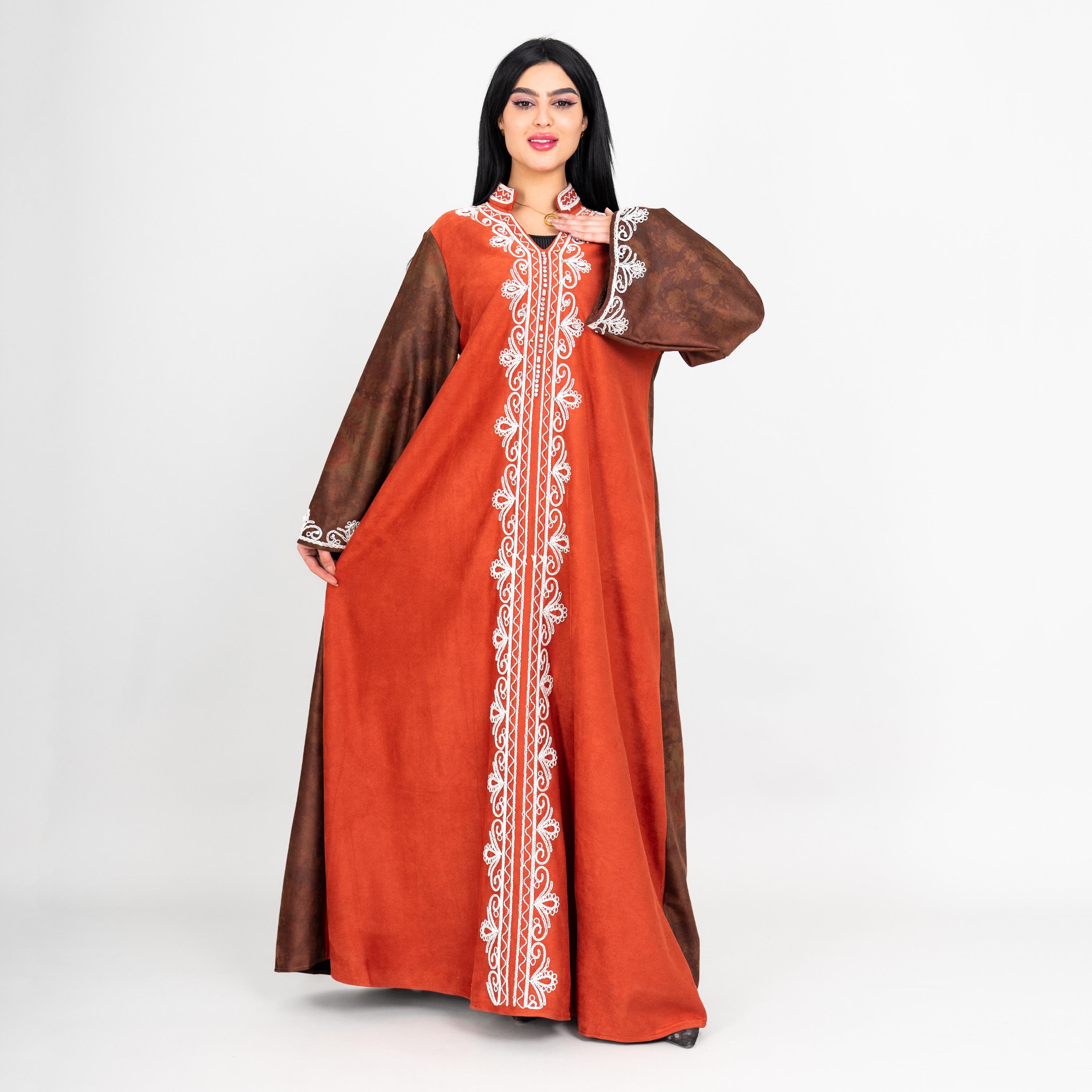 IKKXA Floral Print & Embroidered Dual Tone Mandarin Collar Flared Sleeves Women's Evening Jalabiya-women-arabicclothing-jalabiyas-image-9