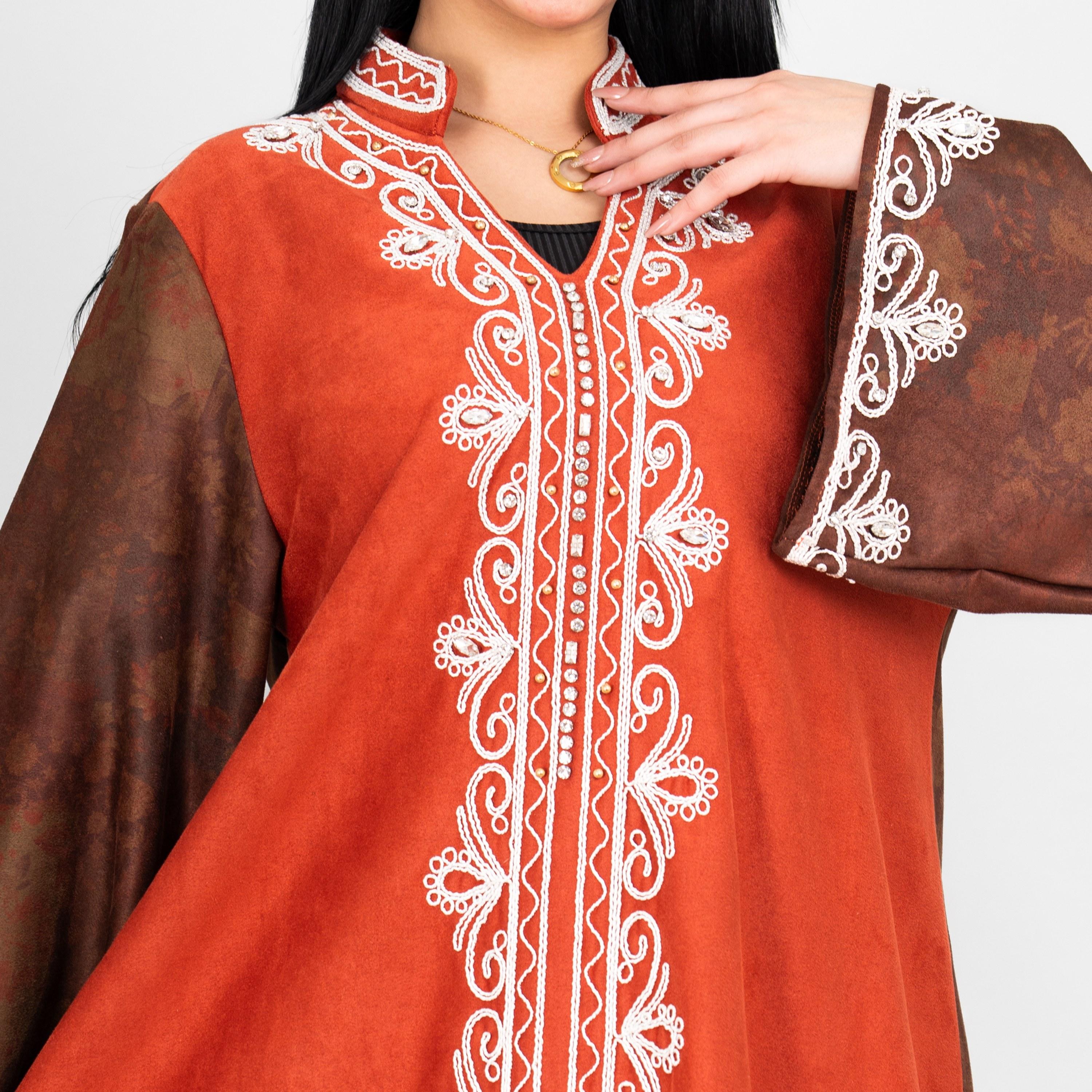 IKKXA Floral Print & Embroidered Dual Tone Mandarin Collar Flared Sleeves Women's Evening Jalabiya-women-arabicclothing-jalabiyas-image-10