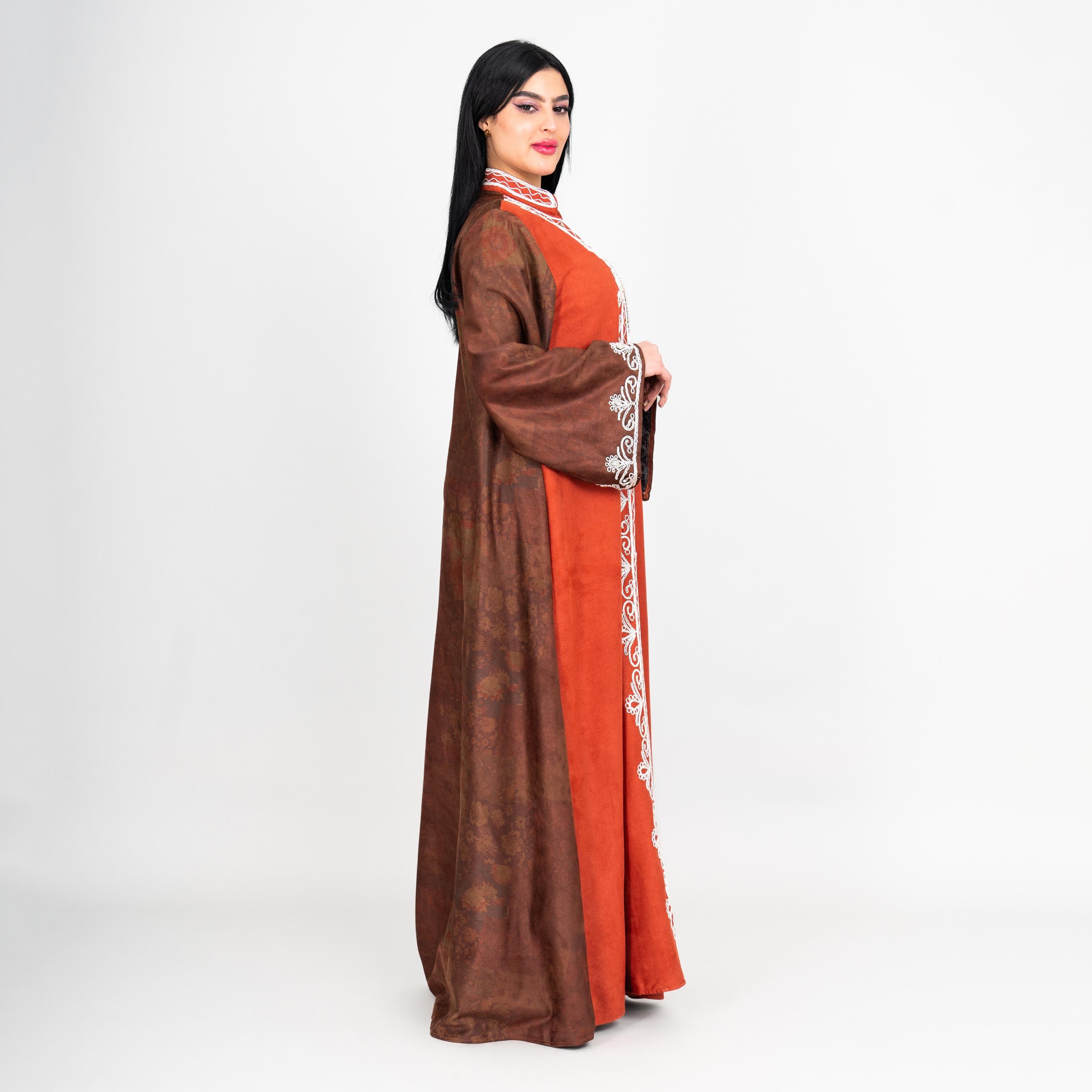 IKKXA Floral Print & Embroidered Dual Tone Mandarin Collar Flared Sleeves Women's Evening Jalabiya-women-arabicclothing-jalabiyas-image-11