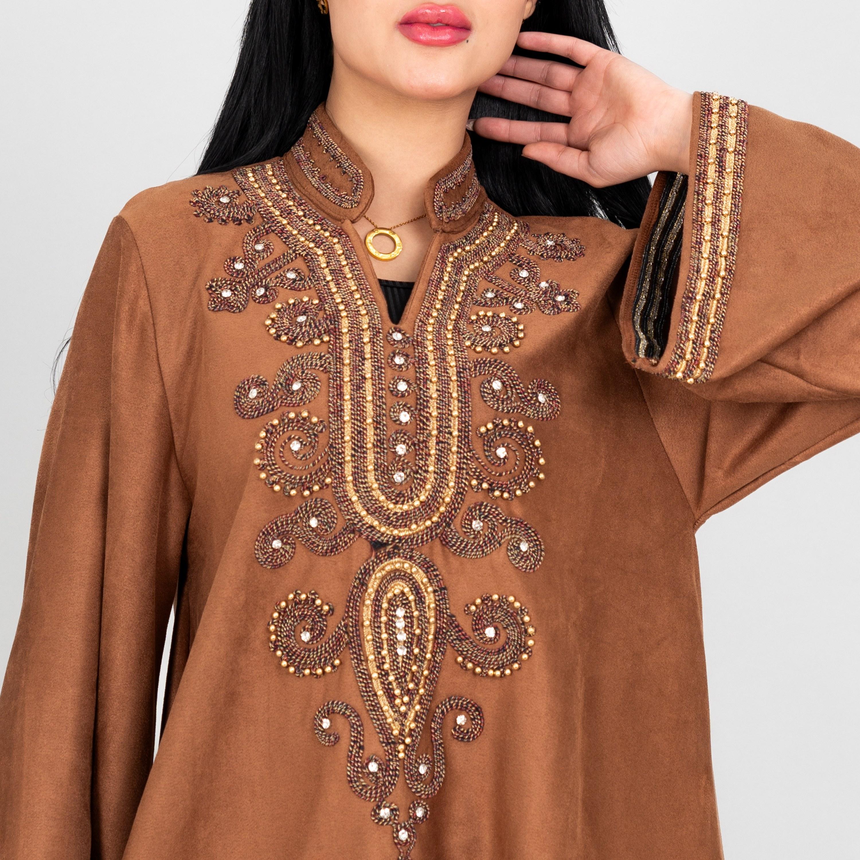 جلابية سهرة نسائية بصدر مطرز وياقة ماندارين وأكمام واسعة من إيككسا-women-arabicclothing-jalabiyas-image-2