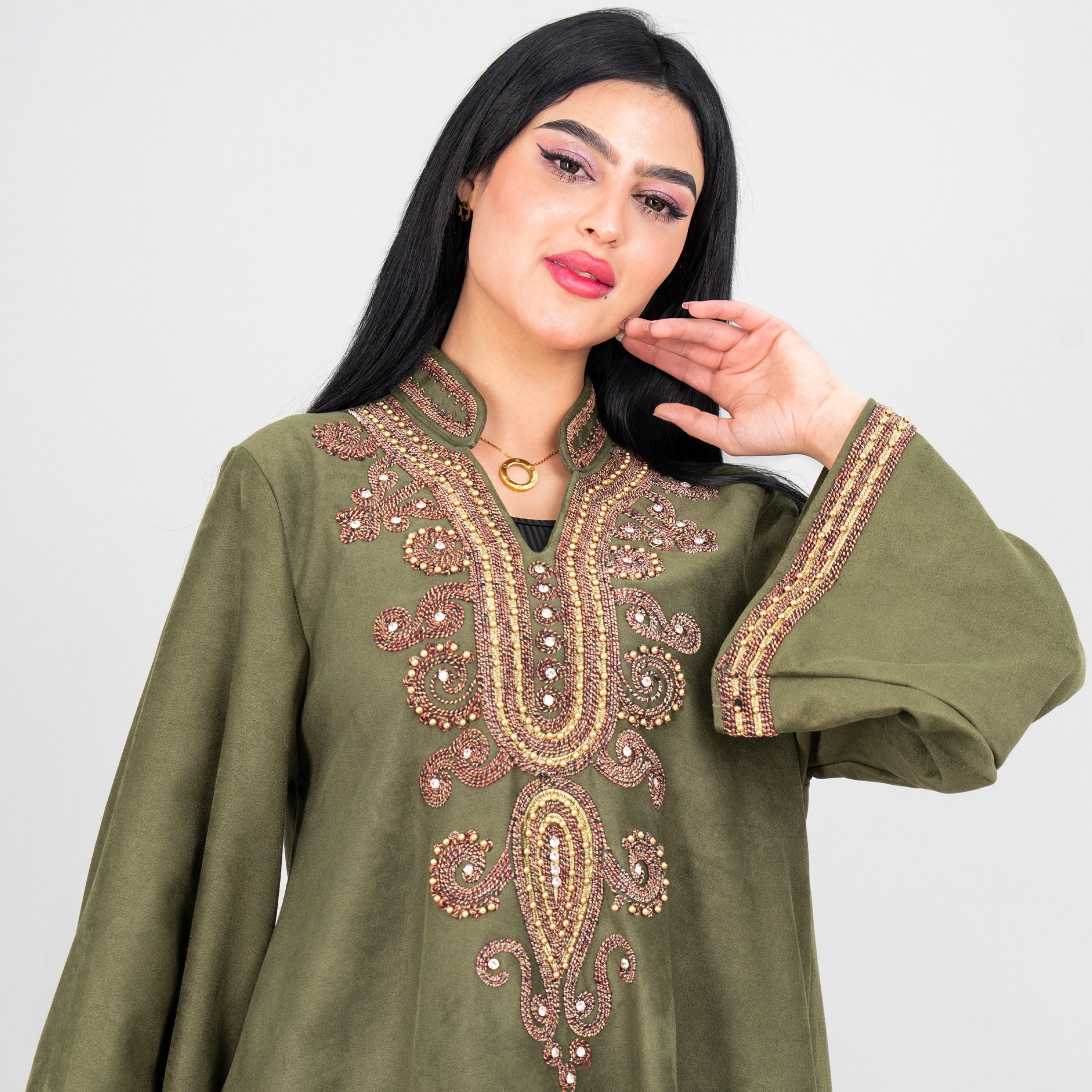 جلابية سهرة نسائية بصدر مطرز وياقة ماندارين وأكمام واسعة من إيككسا-women-arabicclothing-jalabiyas-image-6